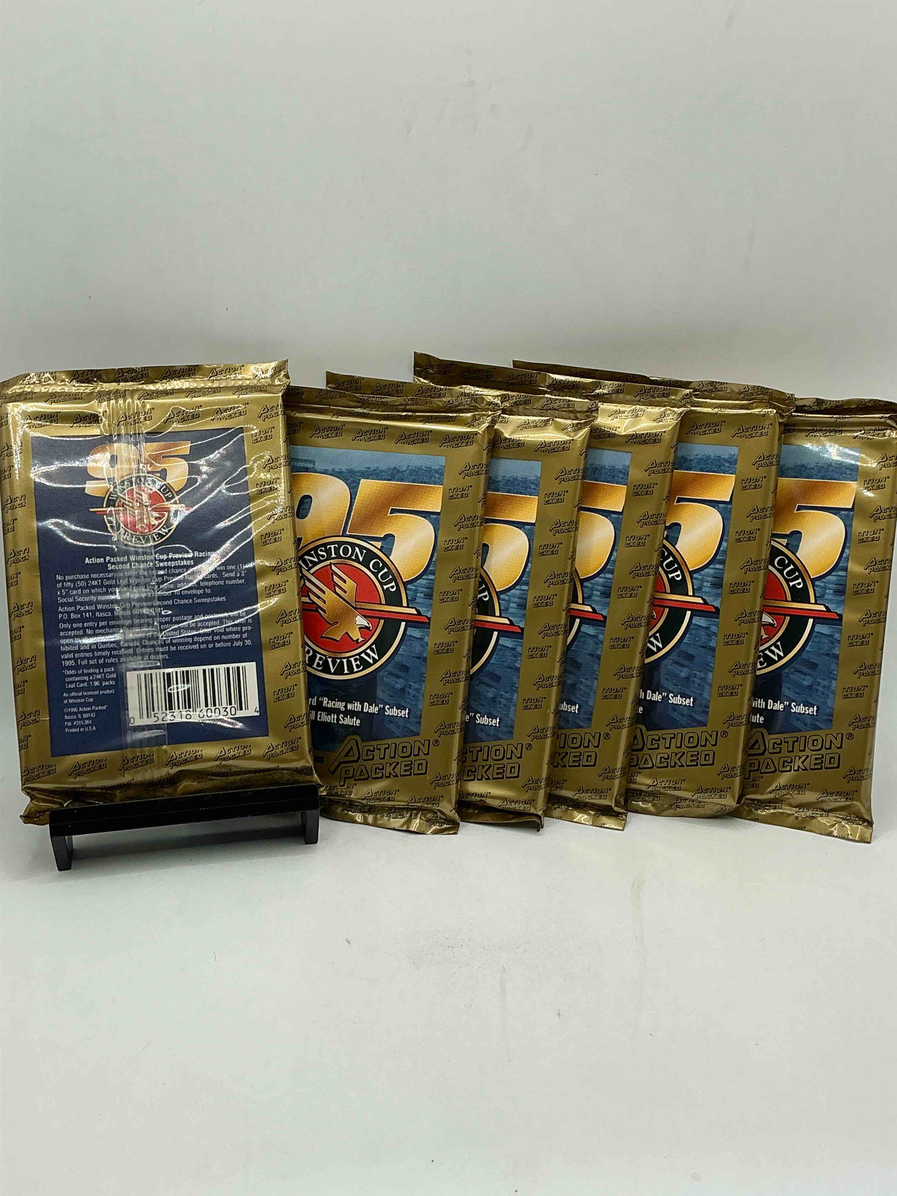 Condition photo showing New/Like New for nascar craziness! 1995 action packed winston cup preview card packs! search for dale sr subsets & a special 6 card bill elliot salute! all the best in nascar from the 90’s!