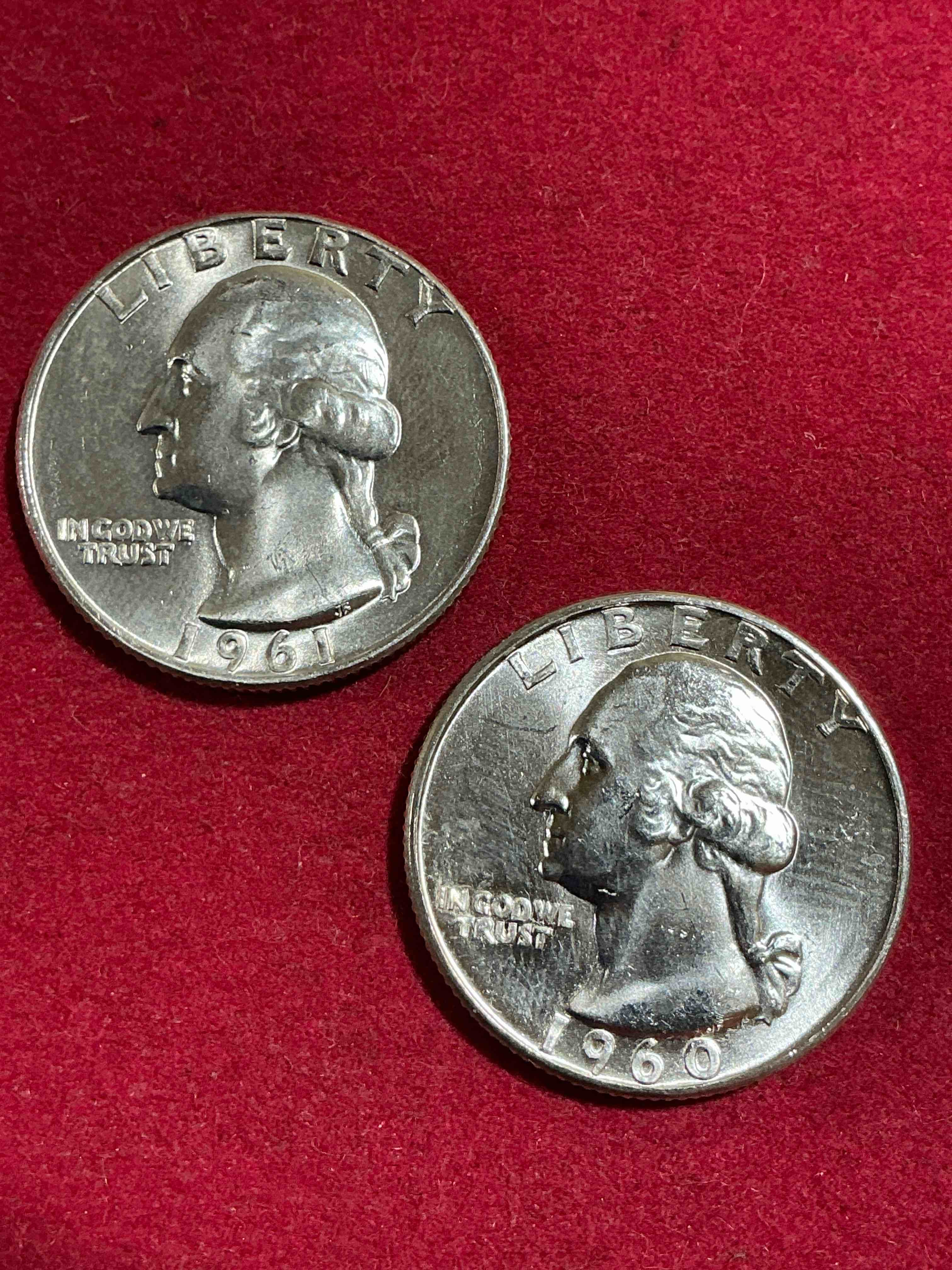 george washington brilliant silver! pre 1965 u.s. quarter dollar coins were actually silver, here are two great examples of awesome, pristine george washington silver quarters, stunning & uncirculated! rare mints! great for investing in precious metals! these coins were minted at 90% silver and 10% copper, giving them a net weight of .18084 ounces of pure silver per coin! very hard to find & stunning! invest in fine u.s. silver!