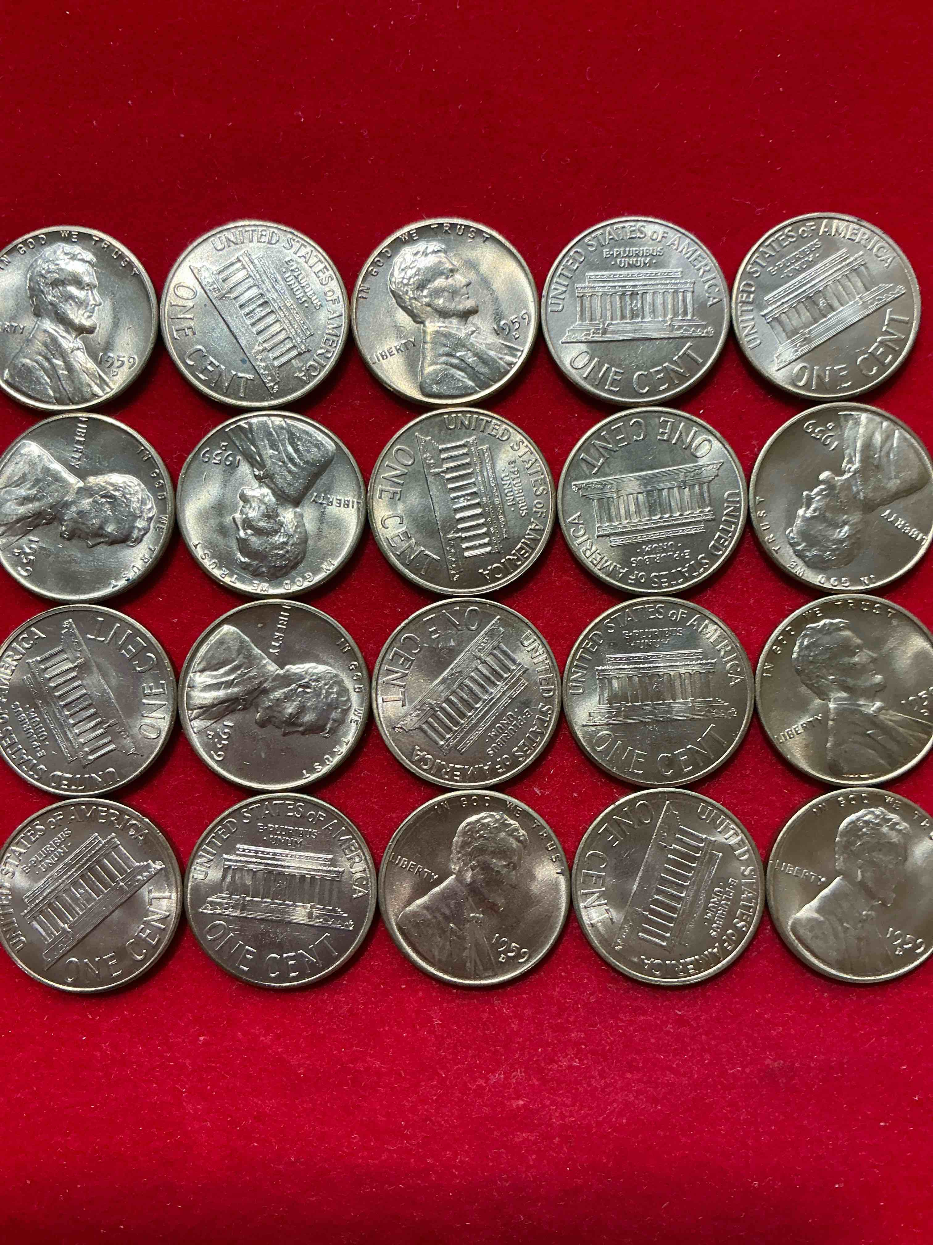 1959 brilliant uncirculated pennies!  1959 was the last year of an epic chapter of american history!  own pieces of the 1950’s with these brilliant uncirculated pennies!  many from the original treasury bank rolls not having seen daylight since 1959, wow! 