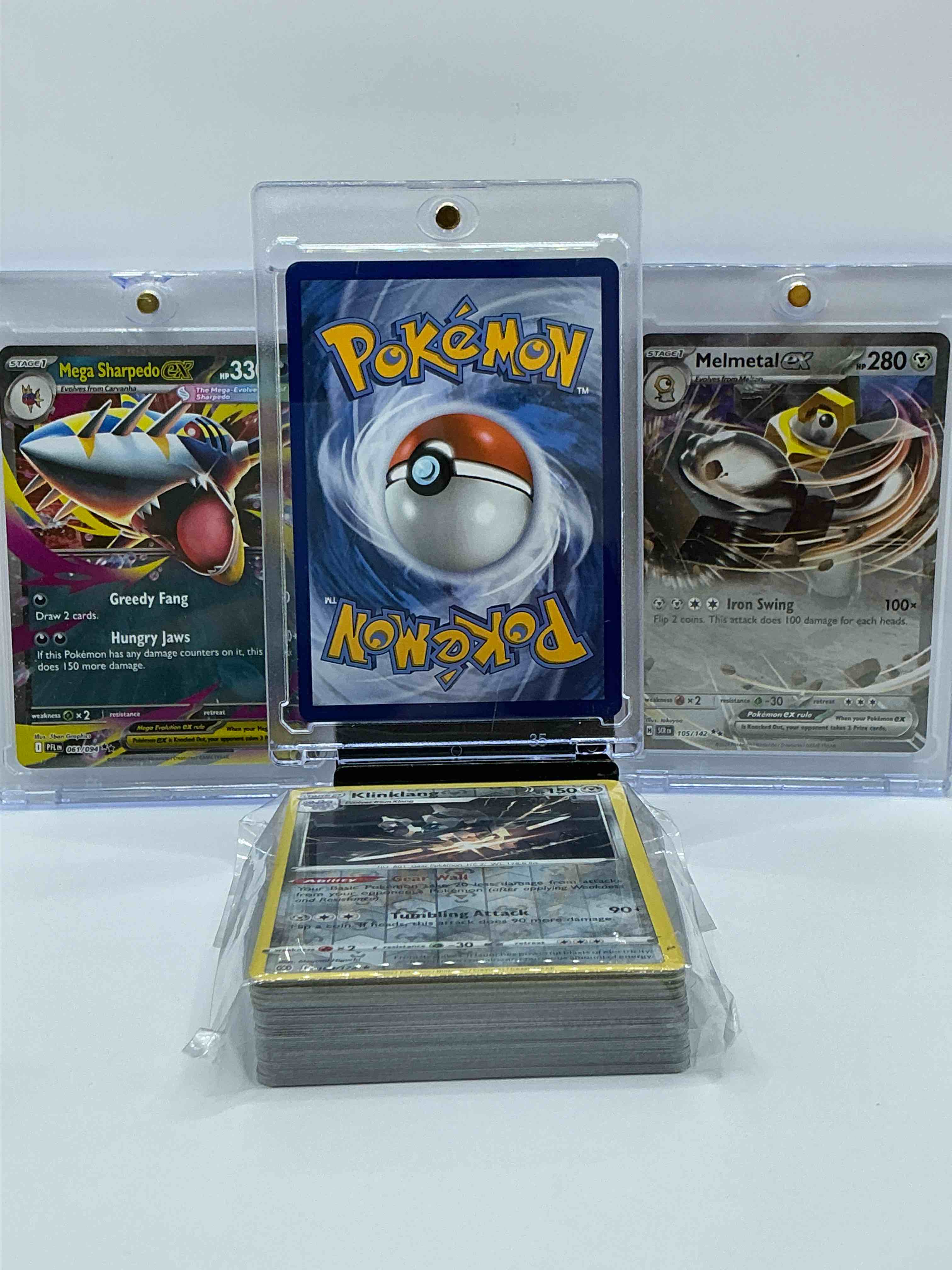 Condition photo showing New/Like New for mega charuzard & mega sharpedo ex & more! wow! along with 50 other pokémon heroes, holos, legends & commons- including holographic cards, stage 2 cards, holos in all forms & more! also includes 36 non holo common/ uncommon basic & first stage cards trainers & energy too! perfect set for collectors & enthusiasts!