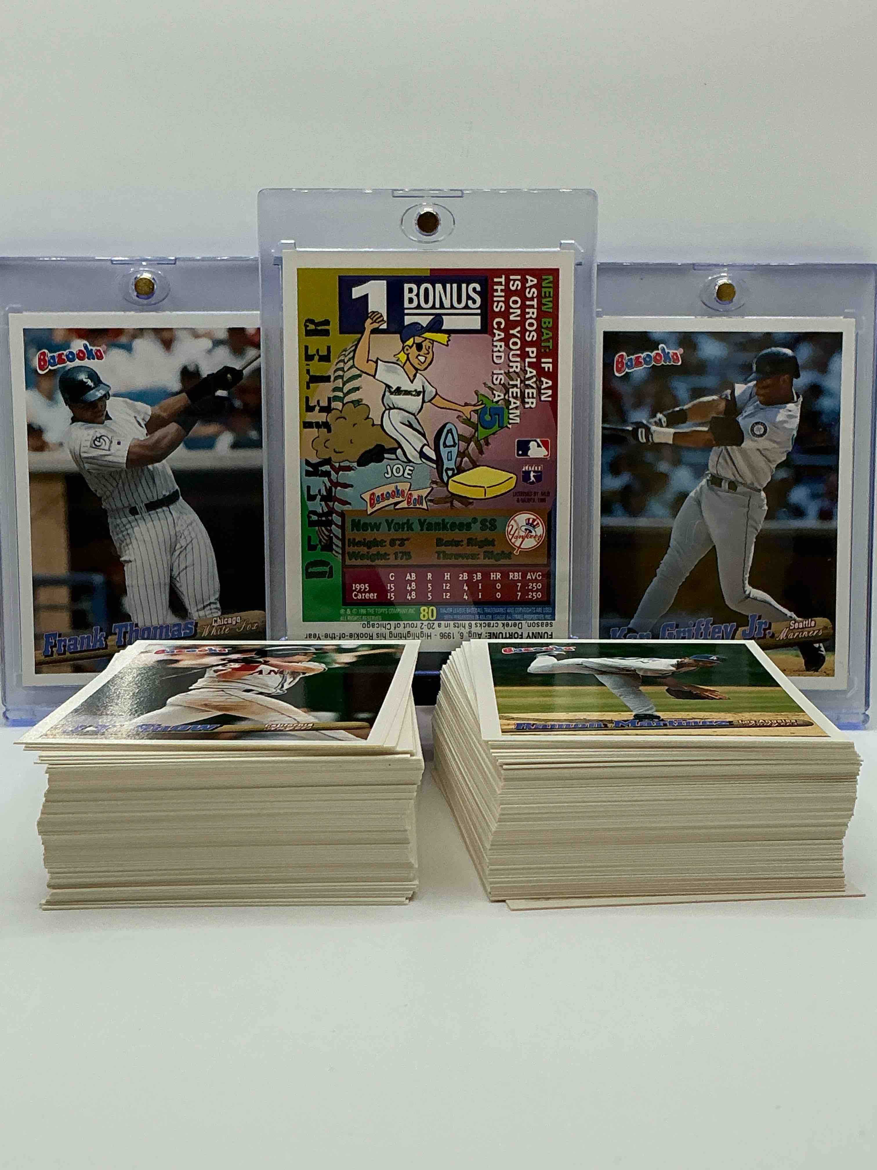 Condition photo showing New/Like New for bazooka baseball! frank thomas, ken griffey jr, derek jeter & more! 1996 bazooka baseball cards, complete collection of 132 cards! wow! all kinds of superstars, legends, heroes & more included! insane! bazooka!