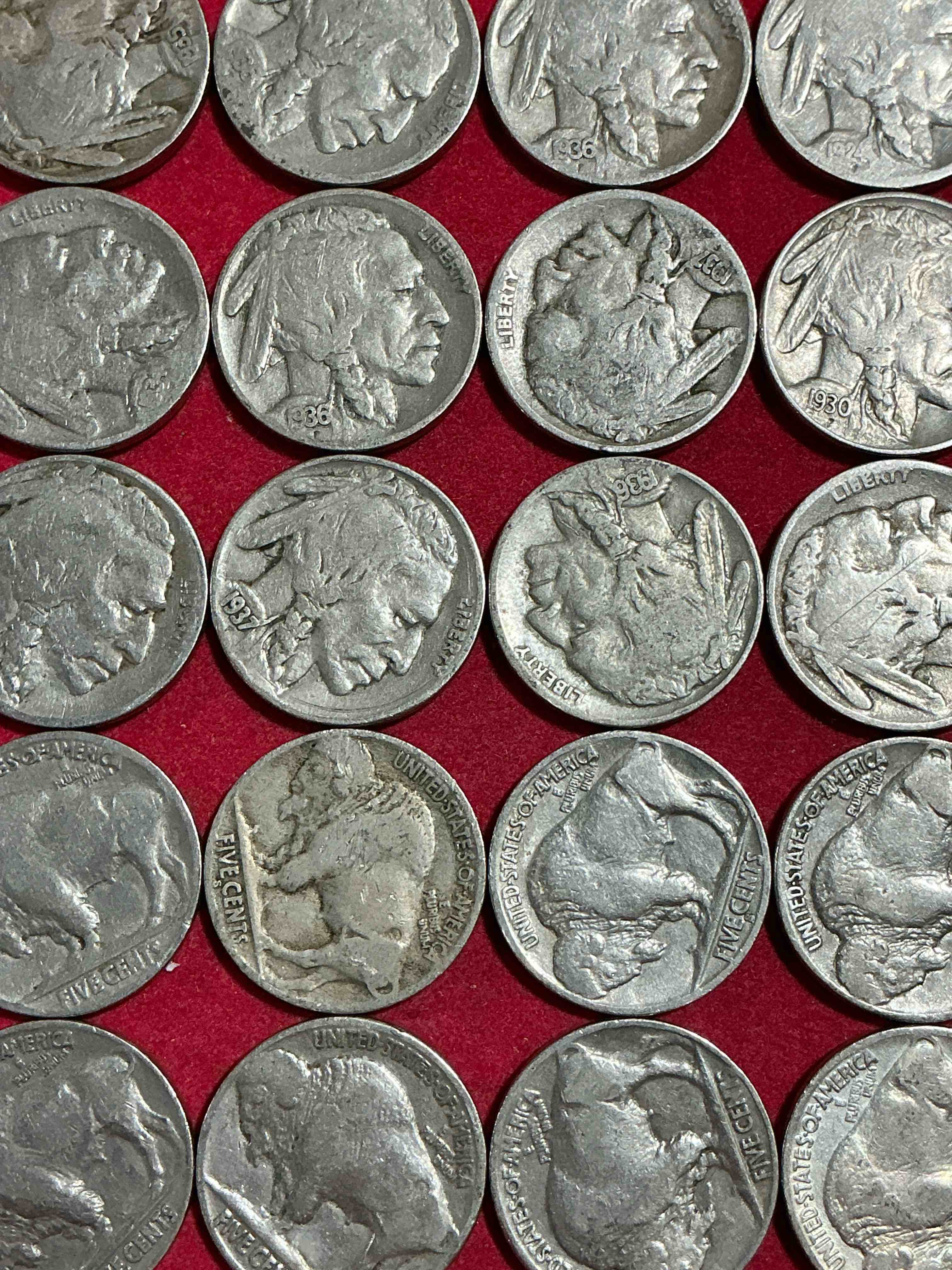 Condition photo showing Good Condition for historic buffalo nickels! indian head buffalo nickels were minted from 1913 to 1938 & have become a favorite for coin collectors around the world! own pieces of american history with these cool indian head buffalo nickels in circulated condition, most with visible dates which is very rare for buffalo nickels!
