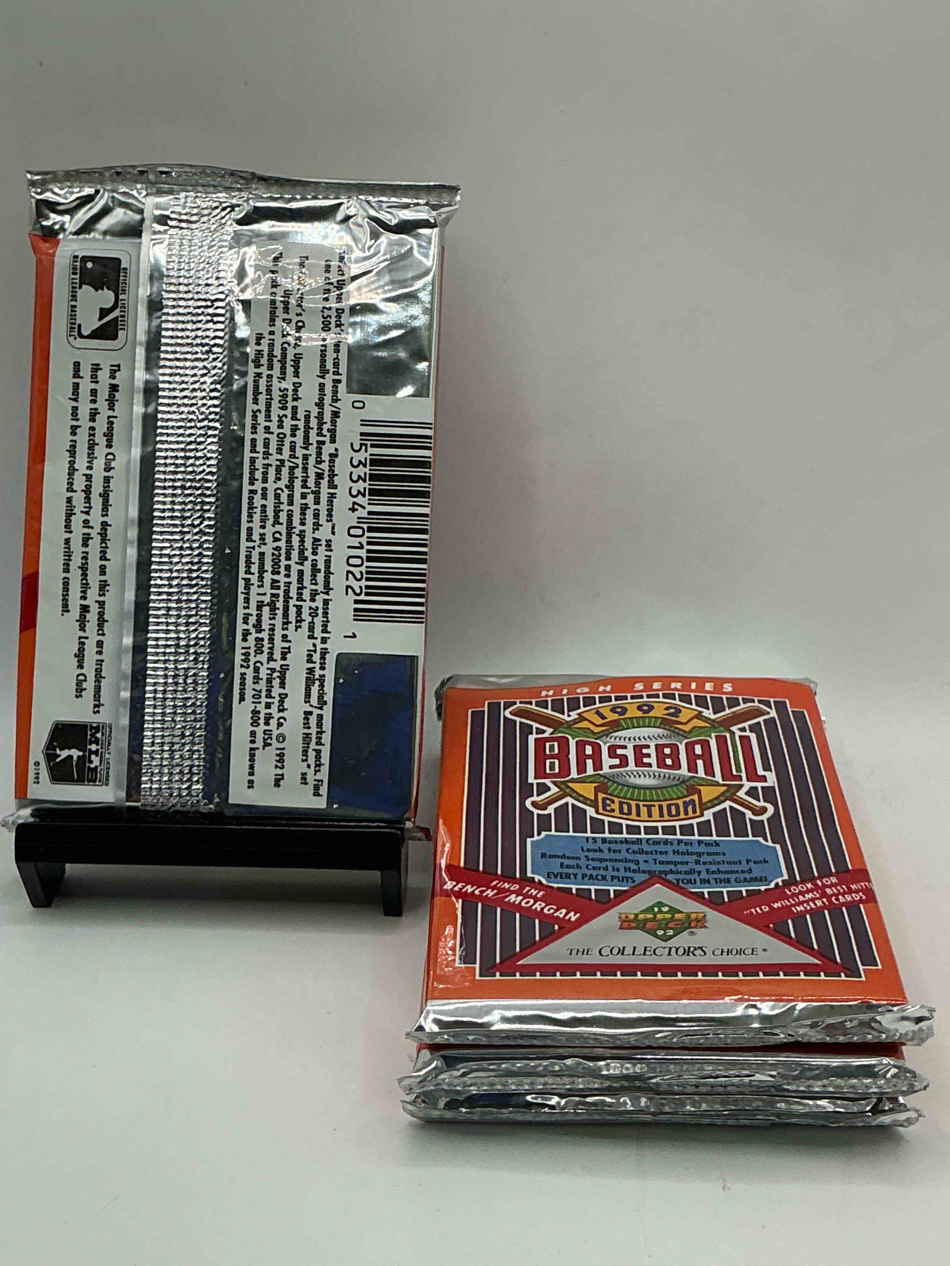 Condition photo showing New/Like New for 1992 upper deck baseball sealed sports & collectible card pack, direct from original sealed retail case! search for ultra rare & valuable ted williams & johnny bench signed insert cards as well as deion sanders, ken griffey jr., nolan ryan & so much more!
