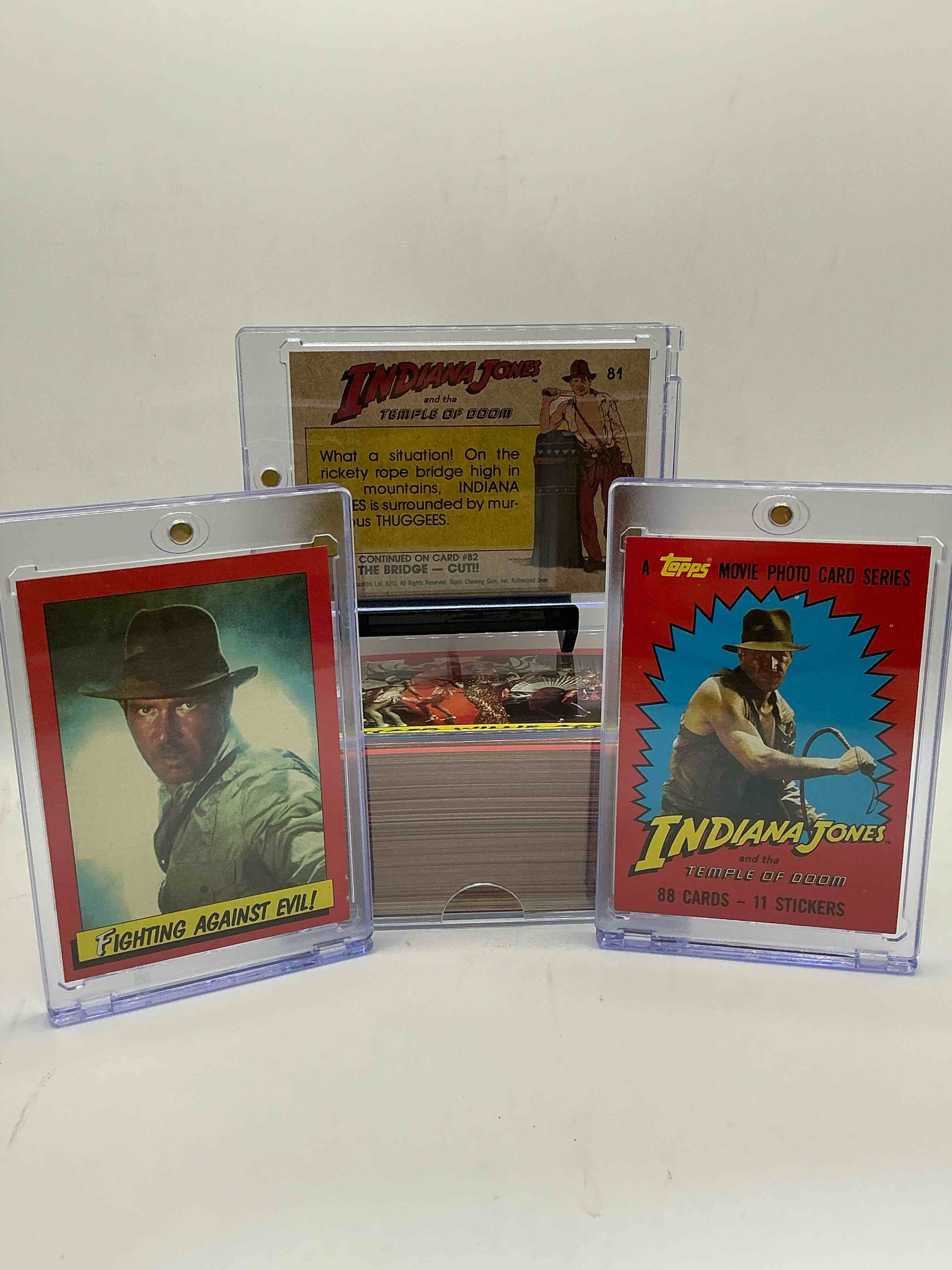 Condition photo showing New/Like New for 1984 indiana jones temple of doom!  complete, authentic & original indy jones temple of doom movie cards, complete 88 card! with stickers! excellent condition!  own a serious movie history collectible!  very hard to find complete!  
