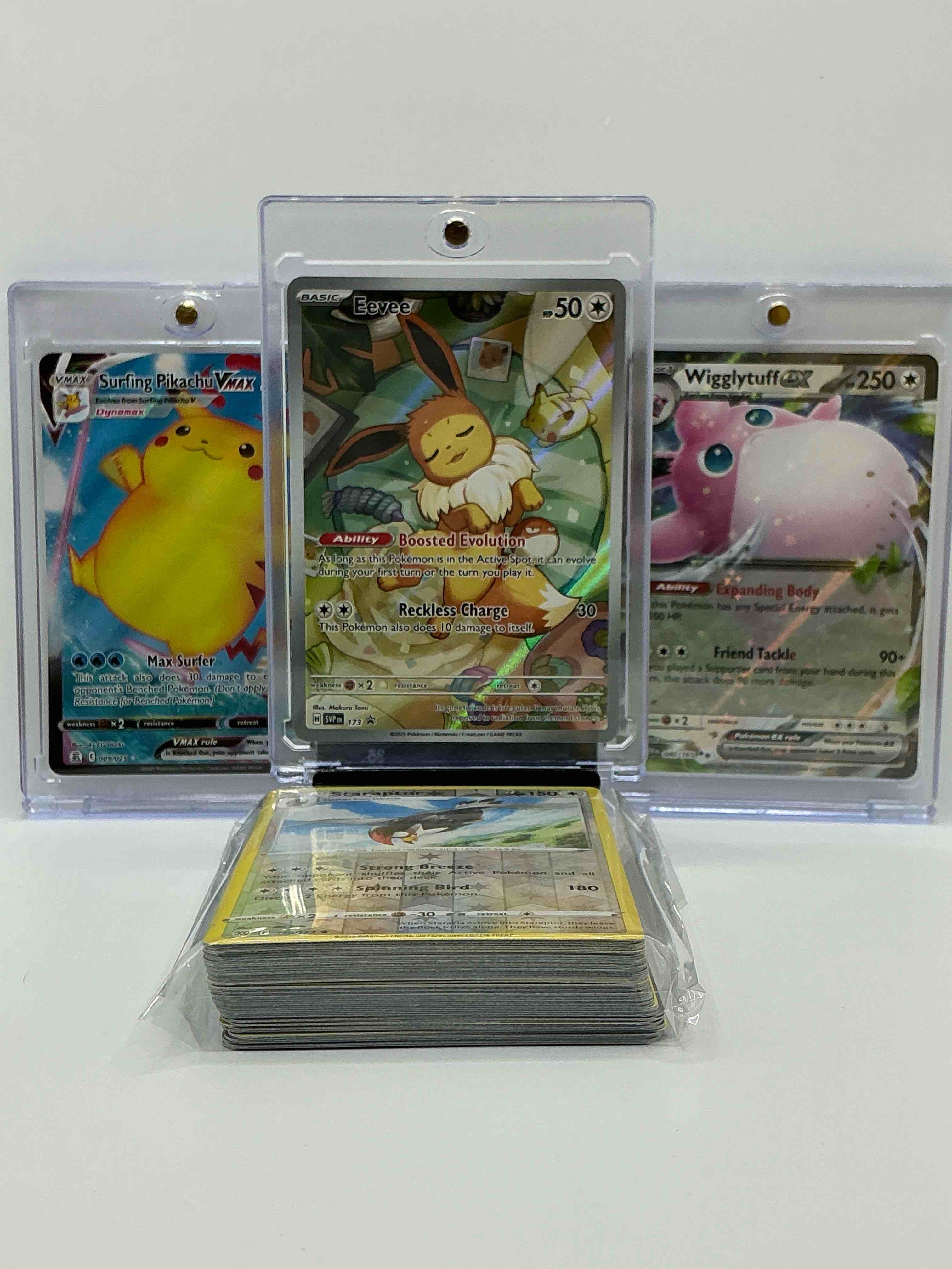 Condition photo showing New/Like New for eevee full art boosted evolution! surfing pikachu vmax & more!  along with 50 other pokémon heroes, holos, legends & commons- including holographic cards, stage 2 cards, holos in all forms & more! also includes 36 non holo common/ uncommon basic & first stage cards trainers & energy too! perfect set for collectors & enthusiasts!