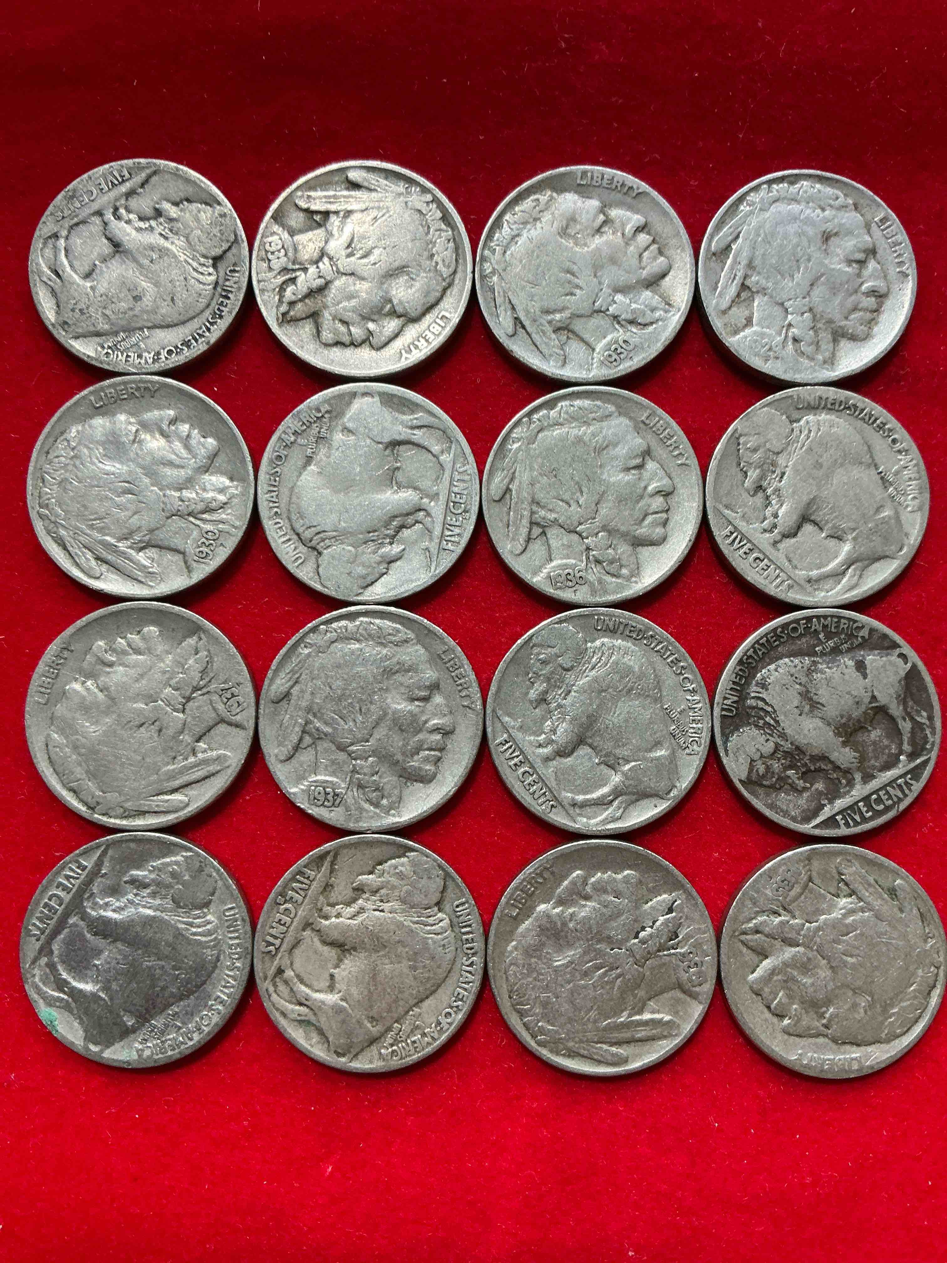 Condition photo showing Good Condition for historic buffalo nickels! indian head buffalo nickels were minted from 1913 to 1938 & have become a favorite for coin collectors around the world! own pieces of american history with these cool indian head buffalo nickels in circulated condition, most with visible dates which is very rare for buffalo nickels!