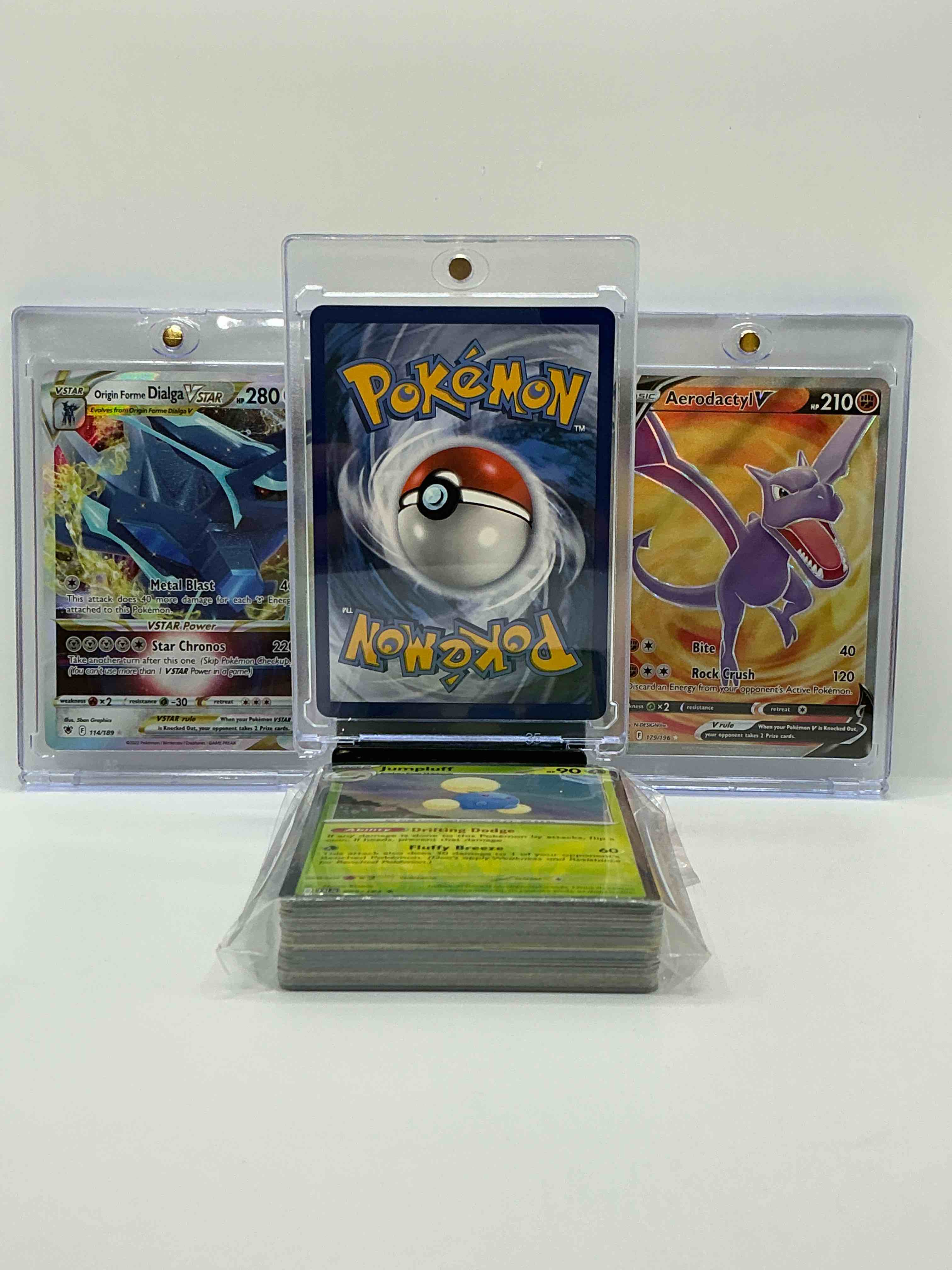 Condition photo showing New/Like New for charizard v! dialga vstar, aerodactyl & more! along with 50 other pokémon heroes, holos, legends & commons- including holographic cards, stage 2 cards, holos in all forms & more! also includes 36 non holo common/ uncommon basic & first stage cards trainers & energy too! perfect set for collectors & enthusiasts!