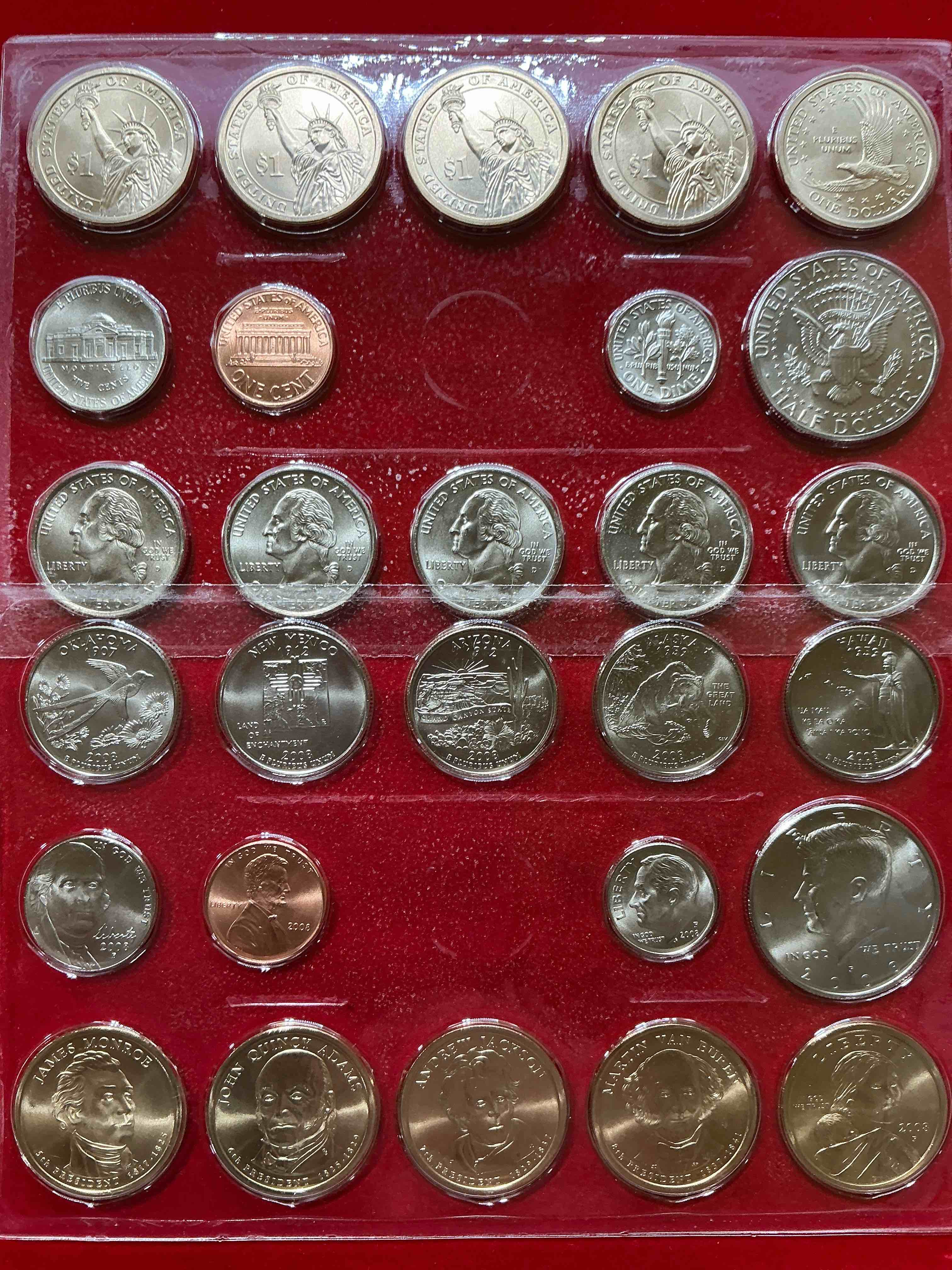 28 coin craziness! denver & philly mints! 2008 uncirculated mint set coins! includes half dollars, president dollar coins, dimes, nickels, pennies & quarters! cool collectible! 