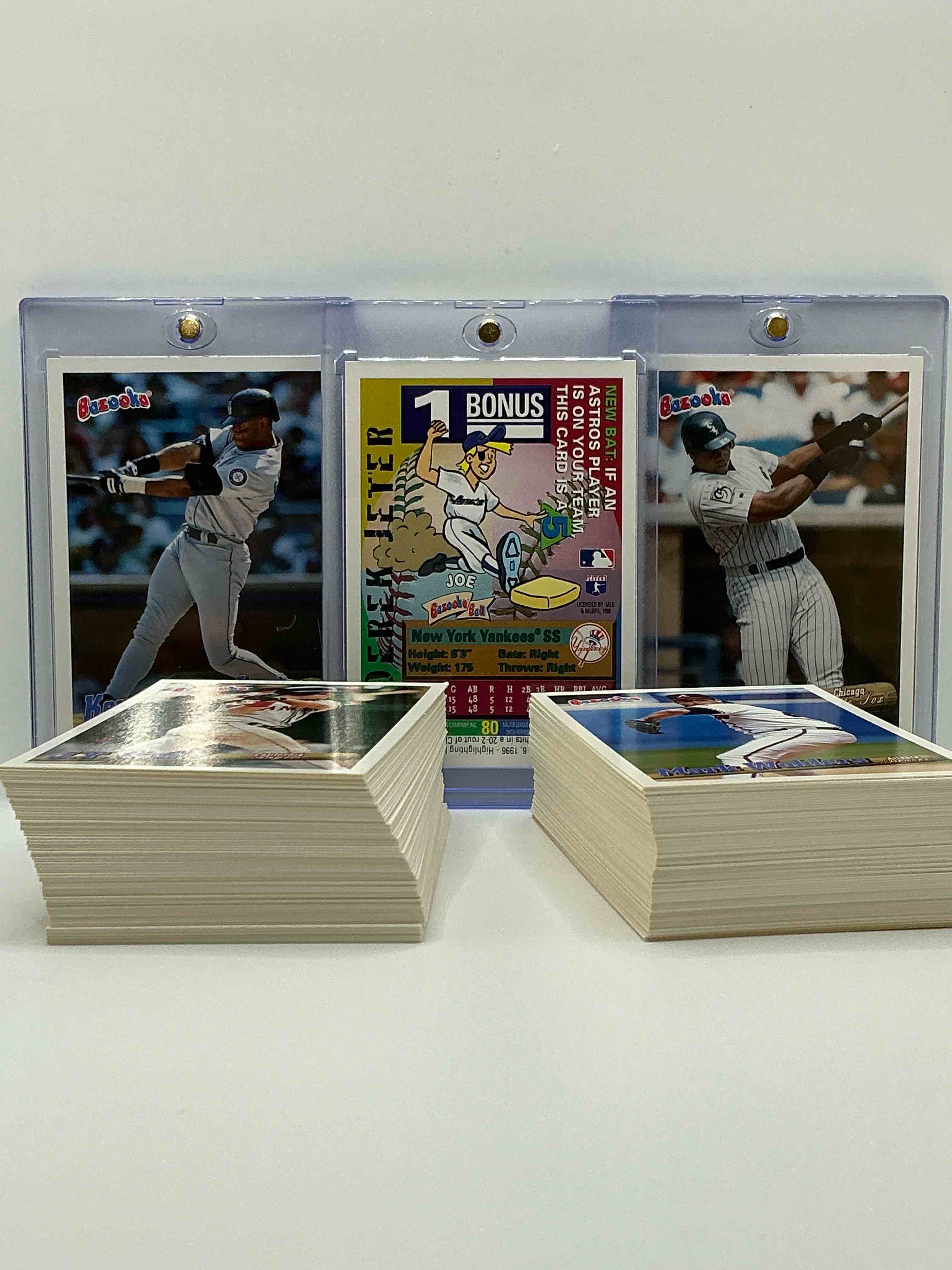 Condition photo showing New/Like New for bazooka baseball! frank thomas, ken griffey jr, derek jeter & more! 1996 bazooka baseball cards, complete collection of 132 cards! wow! all kinds of superstars, legends, heroes & more included! insane! bazooka!
