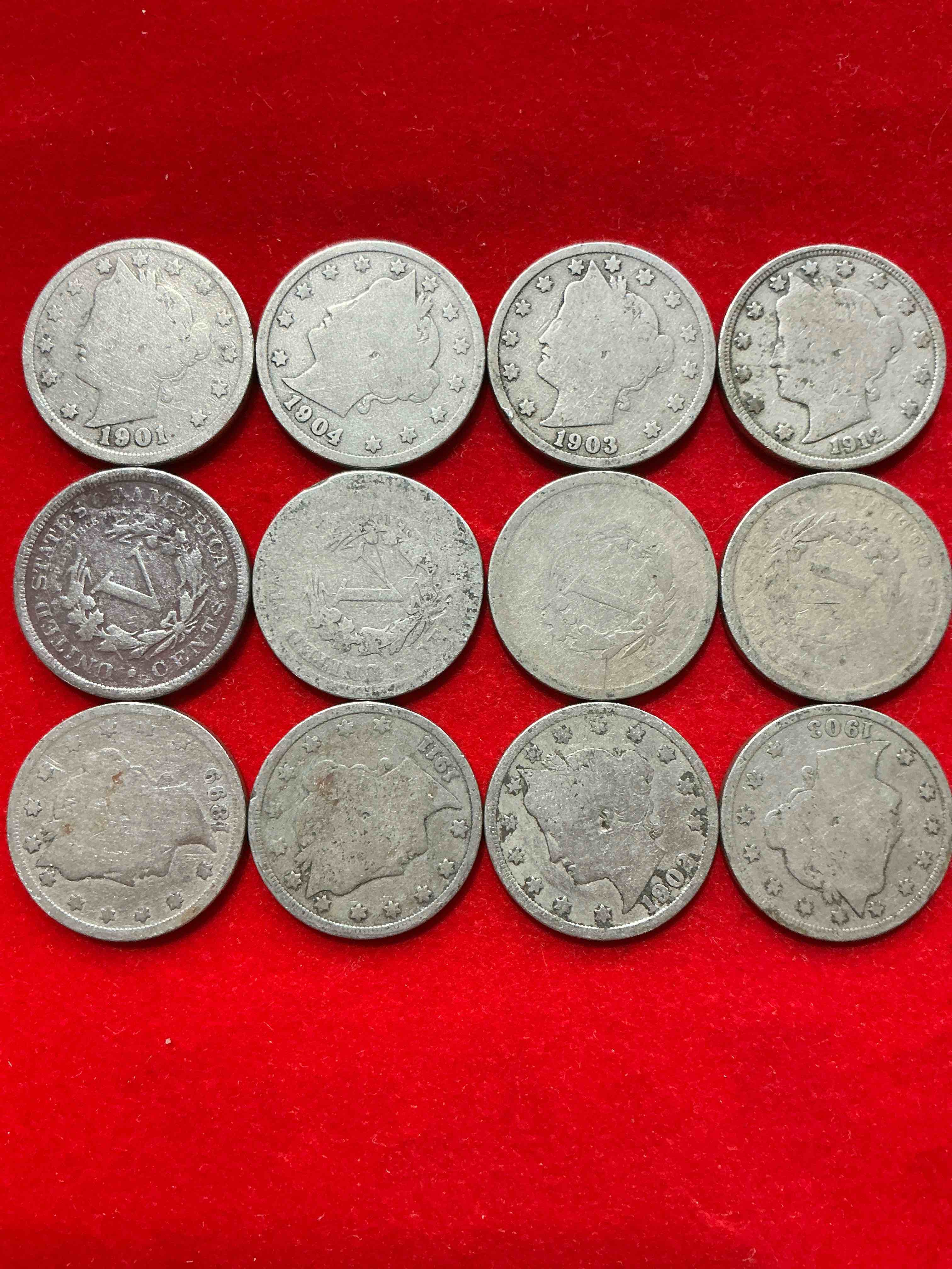 Condition photo showing Good Condition for antique u.s. v nickels! think of the history these coins have seen!, liberty head v nickels were minted up until 1913 & were the style of nickels before buffalo nickels. own some cool pieces of history! rare to see these coins with the "date on" in circulated condition!