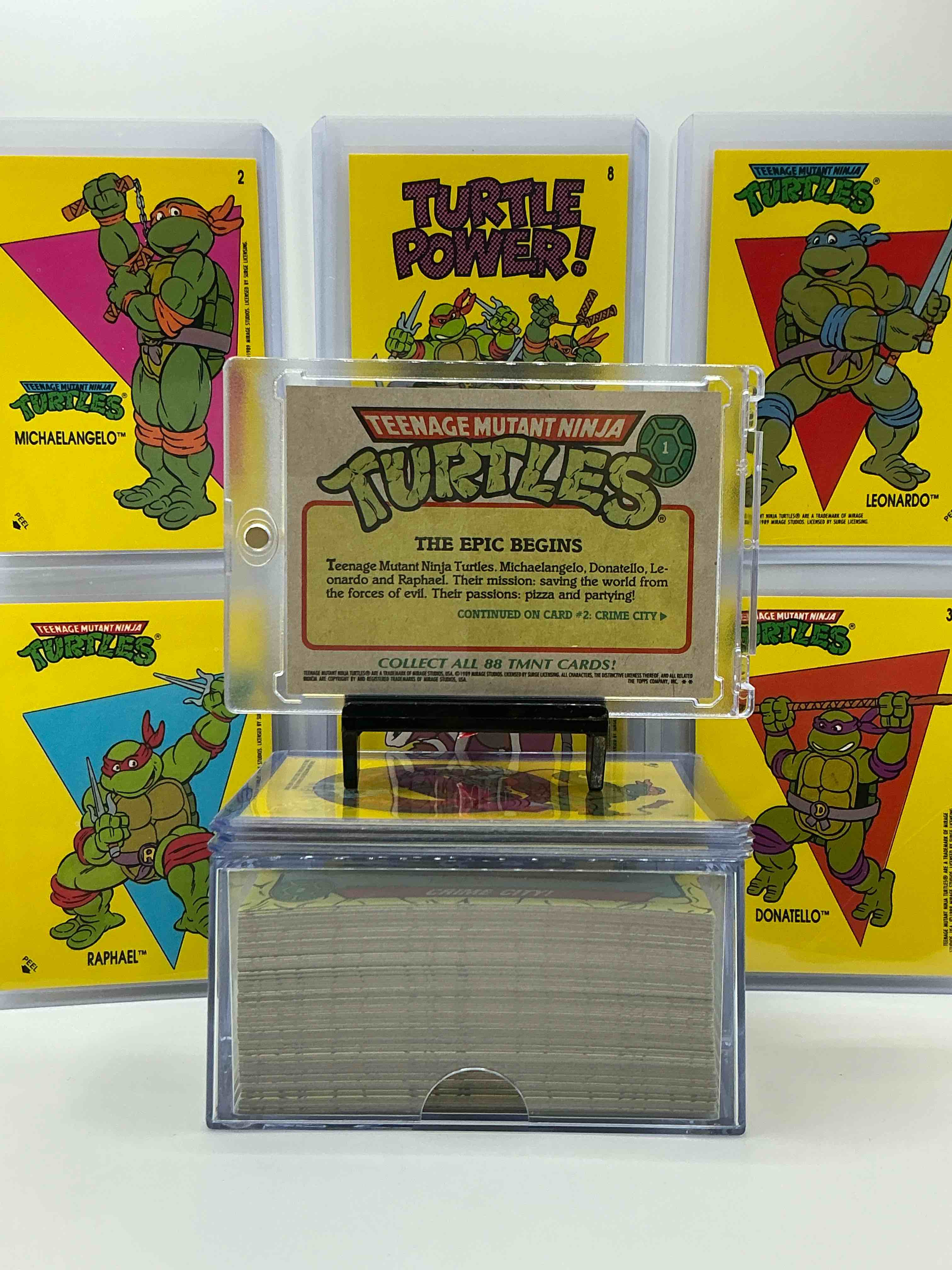 Condition photo showing New/Like New for 1989 ninja turtle wow! totally complete original, authentic teenage mutant ninja turtles complete trading card & stickers! all 88 cards & 11 stickers included, for a total qty of 99! excellent condition! your chance to own a genuine tmnt original serious collectible!