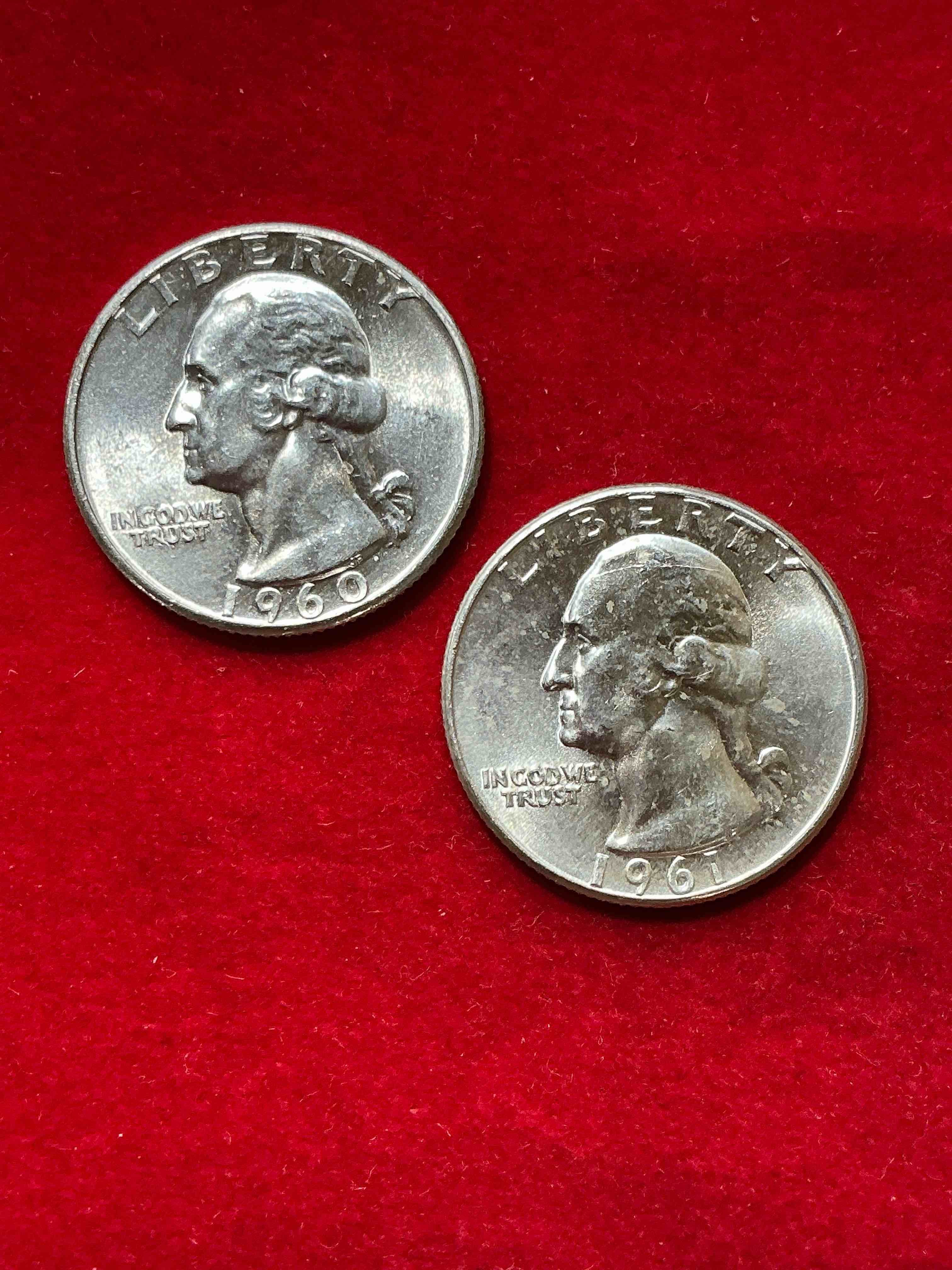 george washington brilliant silver! pre 1965 u.s. quarter dollar coins were actually silver, here are two great examples of awesome, pristine george washington silver quarters, stunning & uncirculated! rare mints! great for investing in precious metals! these coins were minted at 90% silver and 10% copper, giving them a net weight of .18084 ounces of pure silver per coin! very hard to find & stunning! invest in fine u.s. silver!