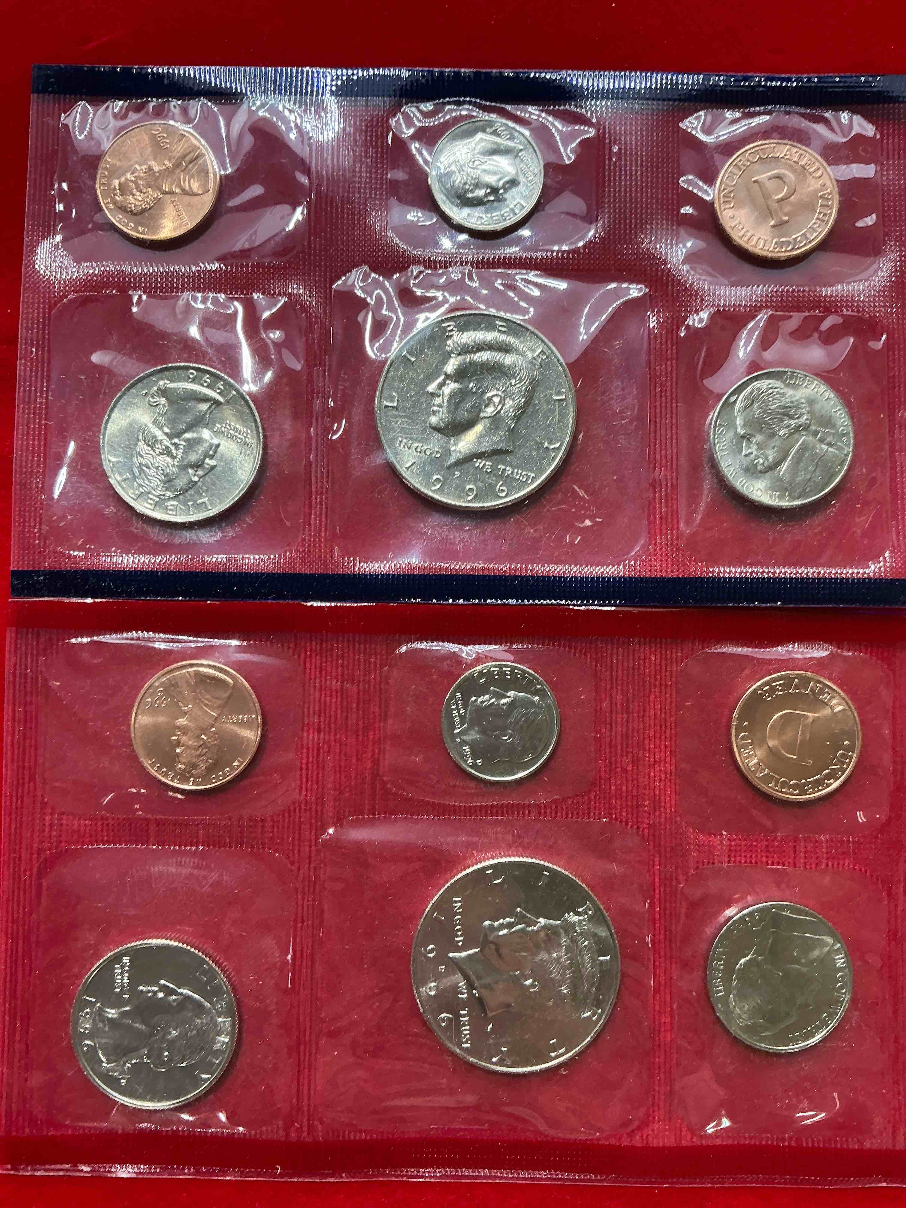 1996 uncirculated philadelphia & denver 12 coin mint combo! these beautiful, uncirculated coins are rare pieces of history! 1996 dimes, pennies half dollars, nickels & quarters!