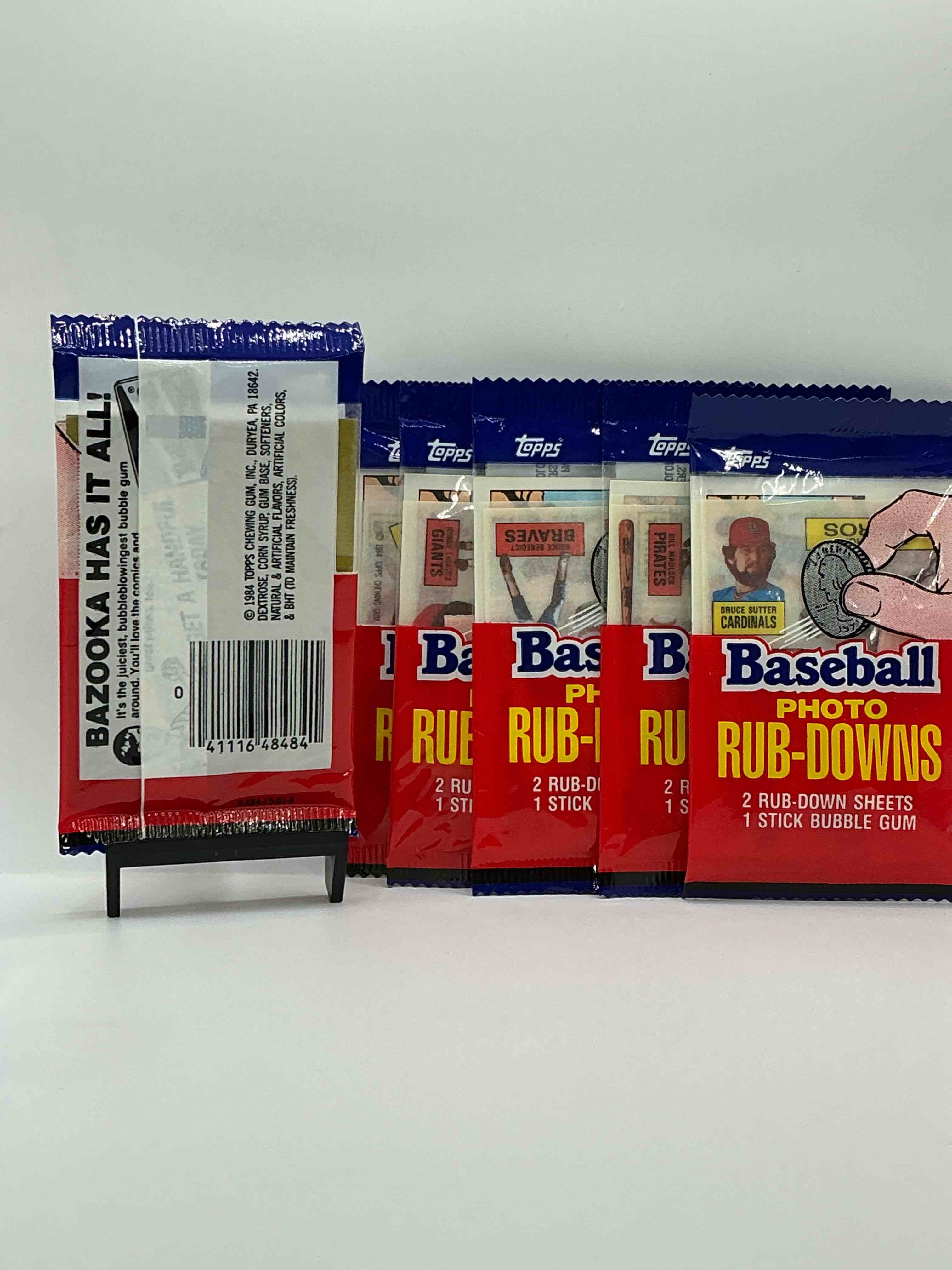 Condition photo showing New/Like New for topps 1984 baseball rub downs! super rare mid 80’s baseball packs! super rare & cool!