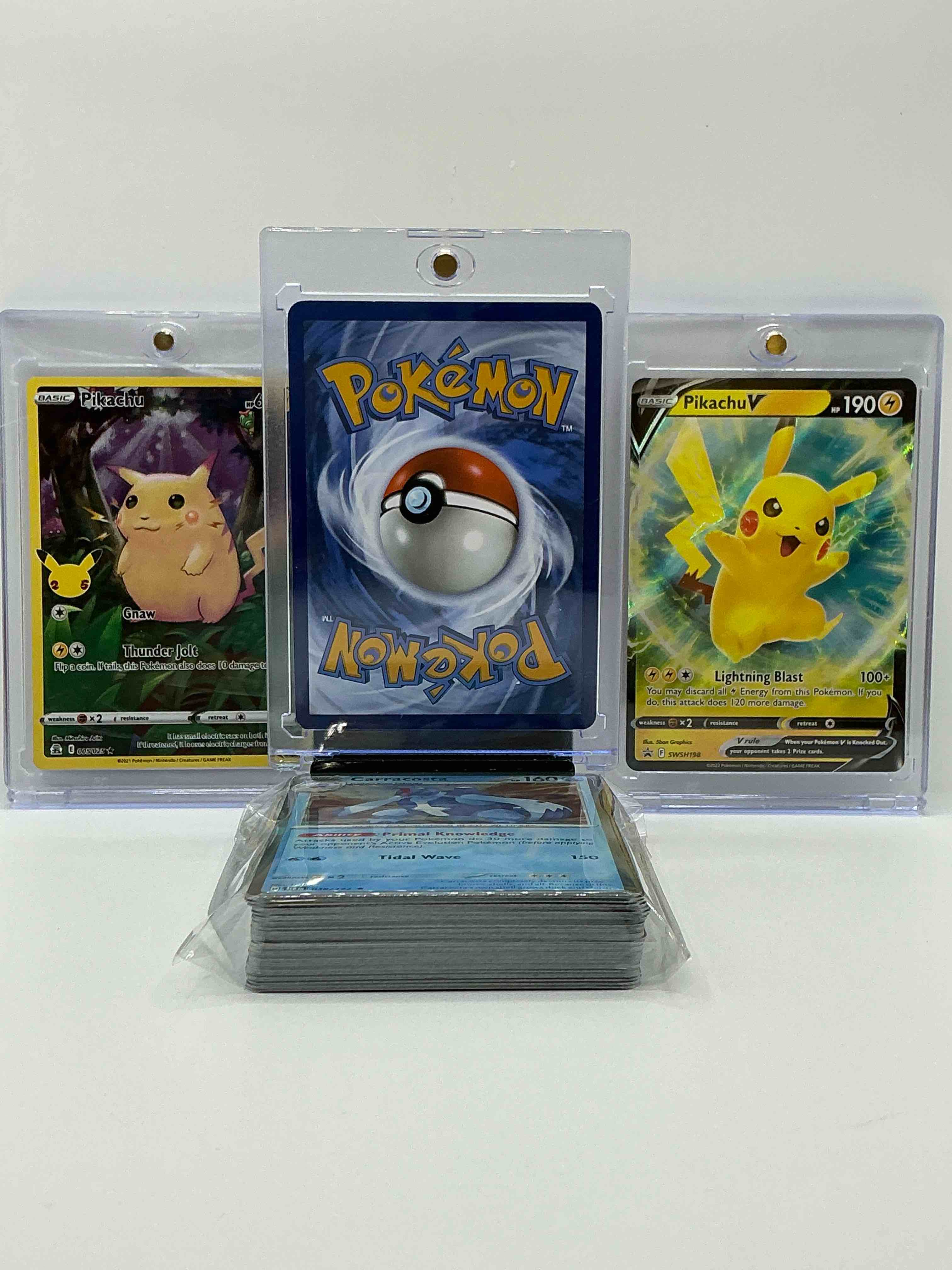 Condition photo showing New/Like New for charizard ex, pikachu v & more! insane trio! along with 50 other pokémon heroes, holos, legends & commons- including holographic cards, stage 2 cards, holos in all forms & more! also includes 36 non holo common/ uncommon basic & first stage cards trainers & energy too! perfect set for collectors & enthusiasts!