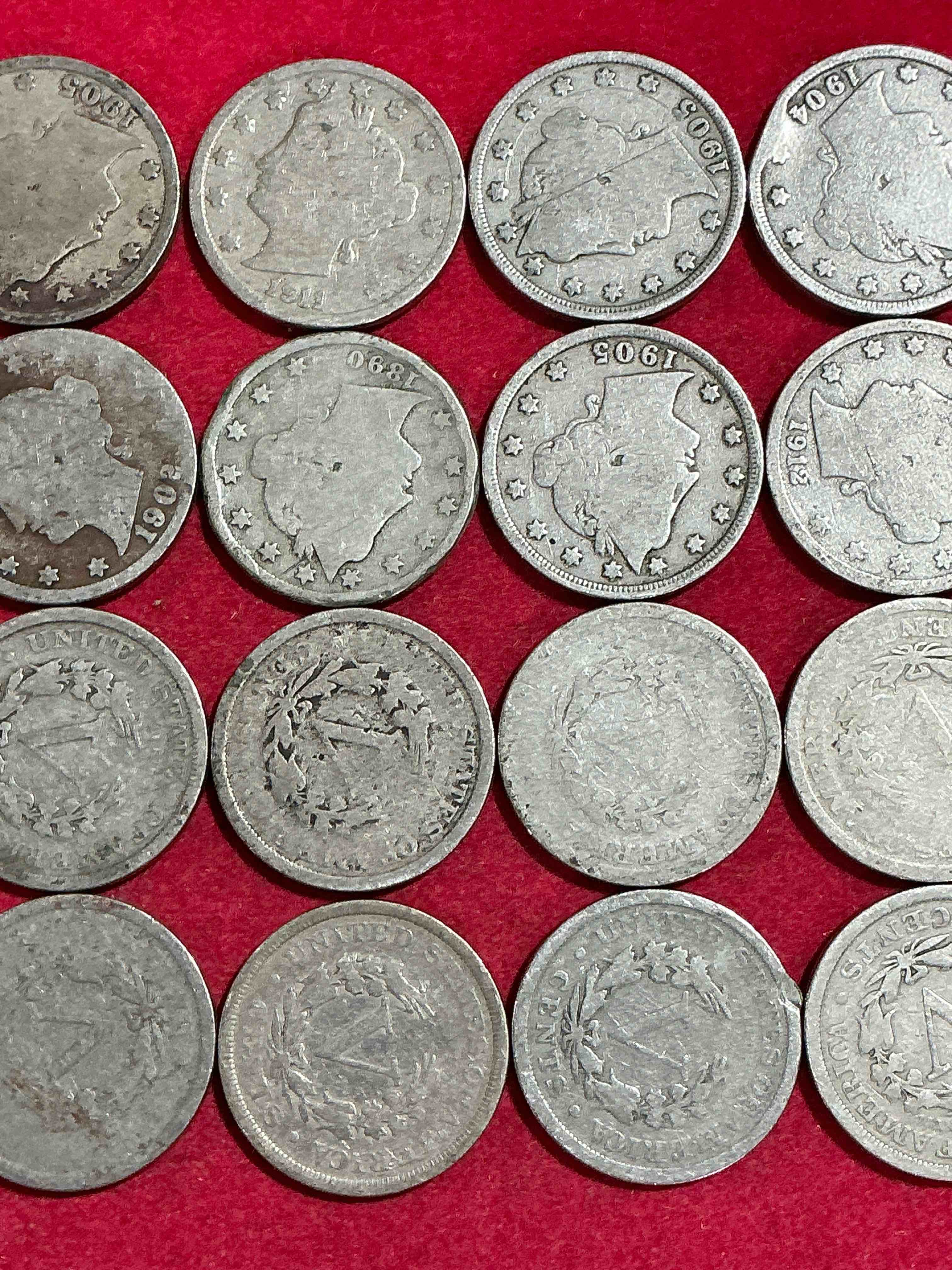 Condition photo showing Good Condition for antique u.s. v nickels! think of the history these coins have seen!, liberty head v nickels were minted up until 1913 & were the style of nickels before buffalo nickels. own some cool pieces of history! rare to see these coins with the "date on" in circulated condition!