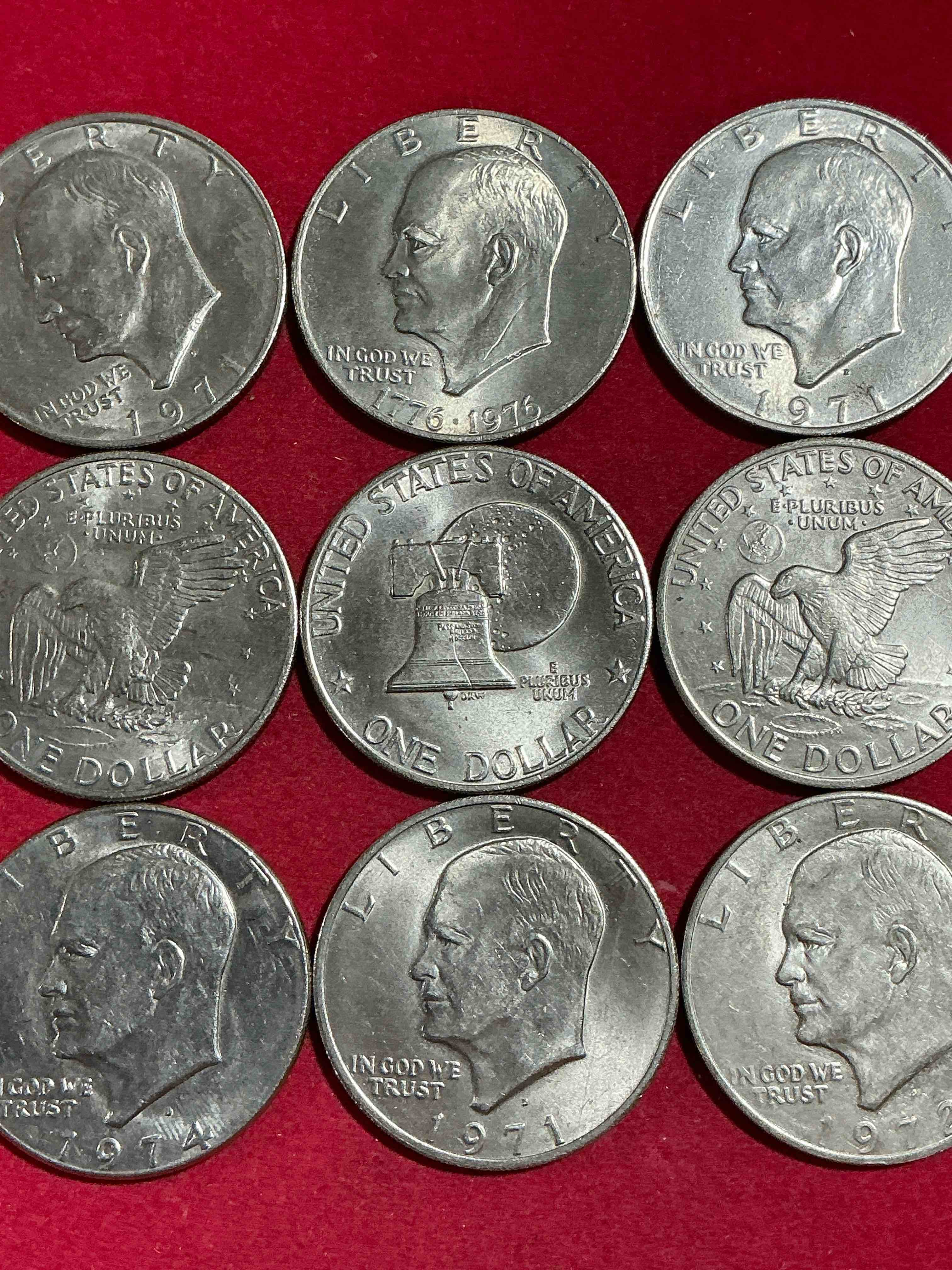 Condition photo showing Good Condition for gorgeous eisenhower dollars! here are circulated “ike” dollars! up for auction are ike one dollar coins from different years! awesome ike dollars! even includes rare bicentennial 1976 edition
