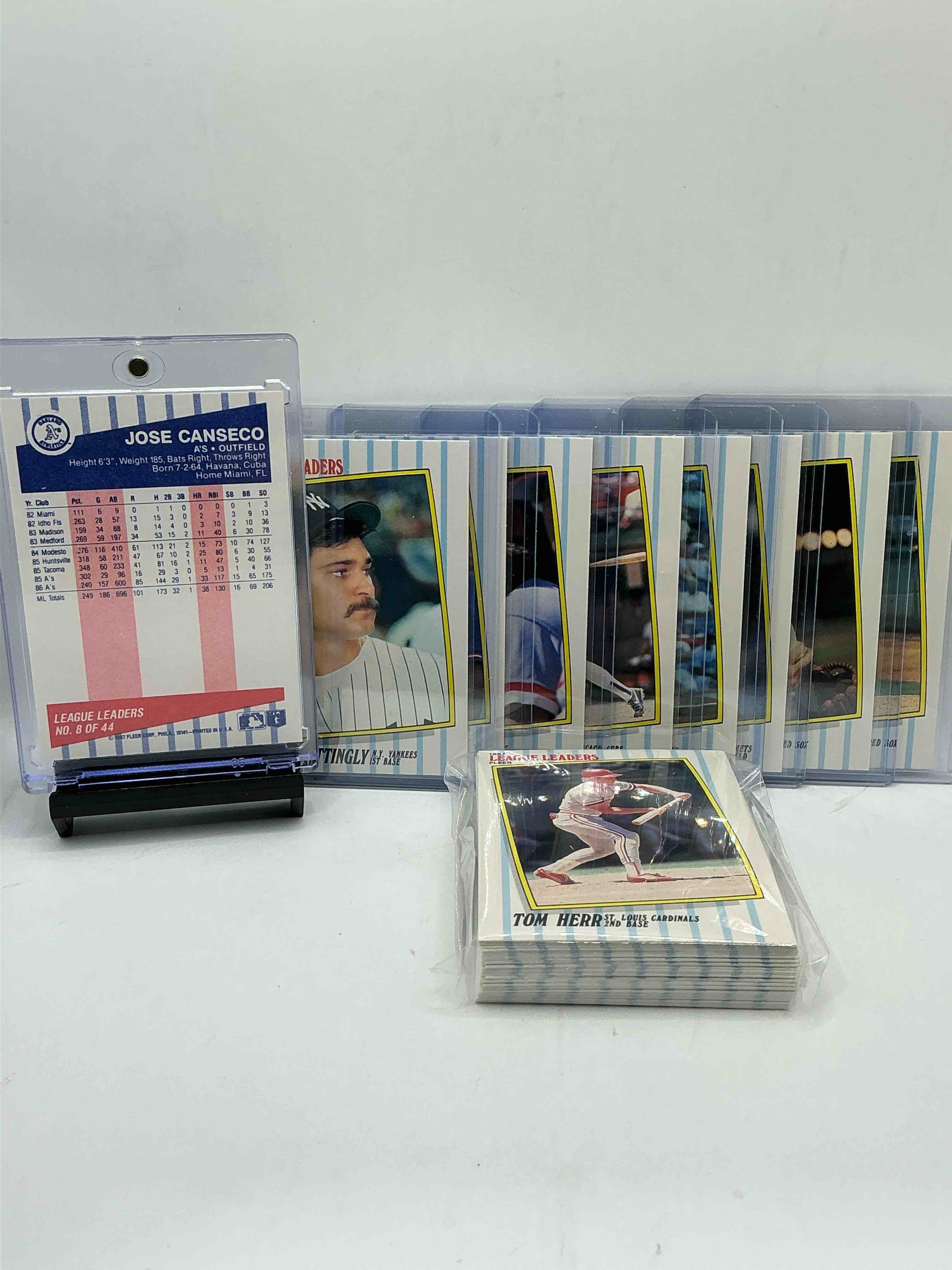 Condition photo showing New/Like New for 1987 baseball history! fleer collector’s “league leaders” 50 card complete! limited edition! included is all of the legends from the late 80’s like jose canseco, don mattingly, roger clemens, pete rose & so many more! everything included just like it would’ve been purchased in ‘87! wow!