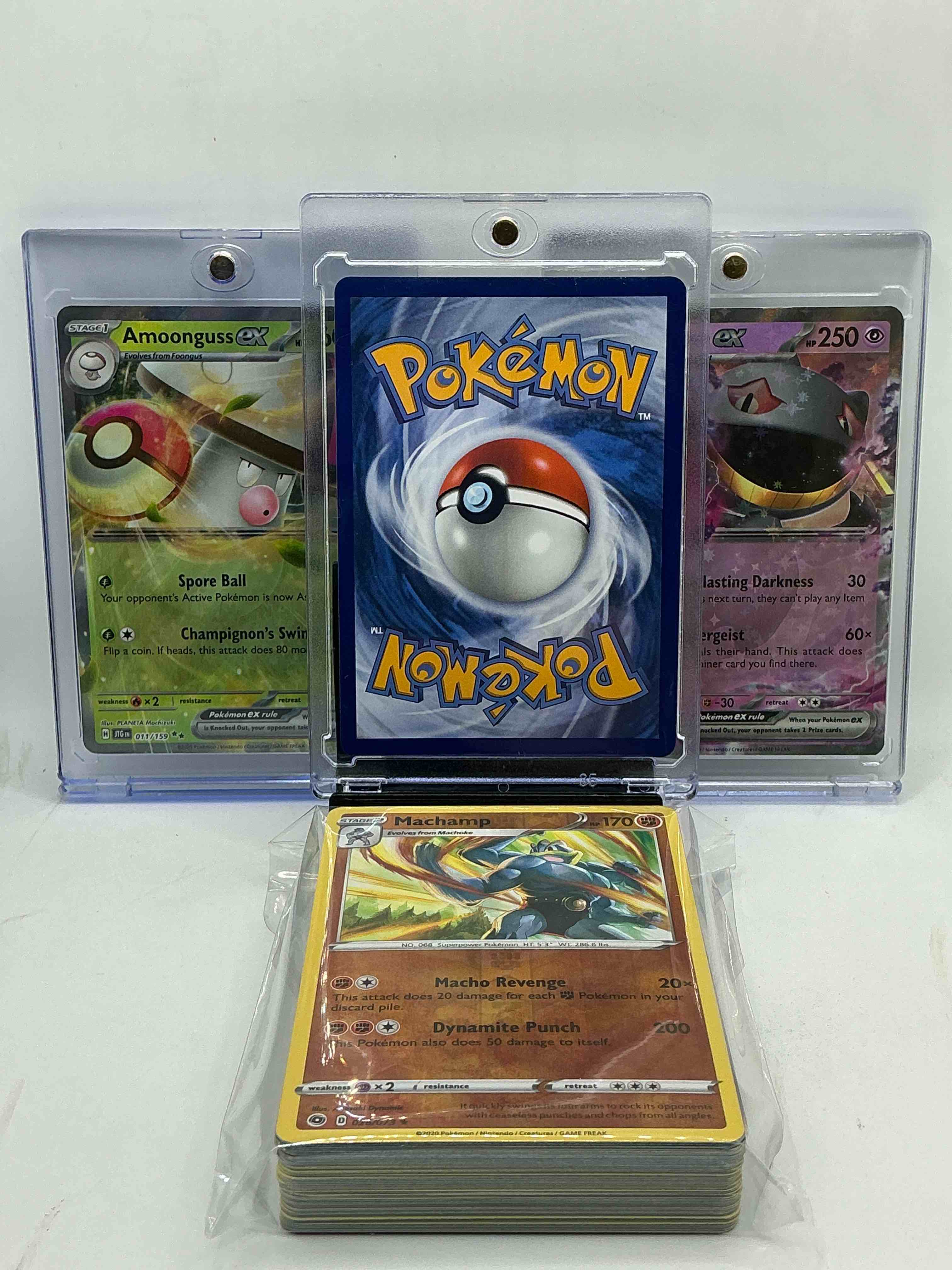 Condition photo showing New/Like New for mega charizard x ex! amoonguss ex! banette ex! along with 50 other pokémon heroes, holos, legends & commons- including holographic cards, stage 2 cards, holos in all forms & more! also includes 36 non holo common/ uncommon basic & first stage cards trainers & energy too! perfect set for collectors & enthusiasts!