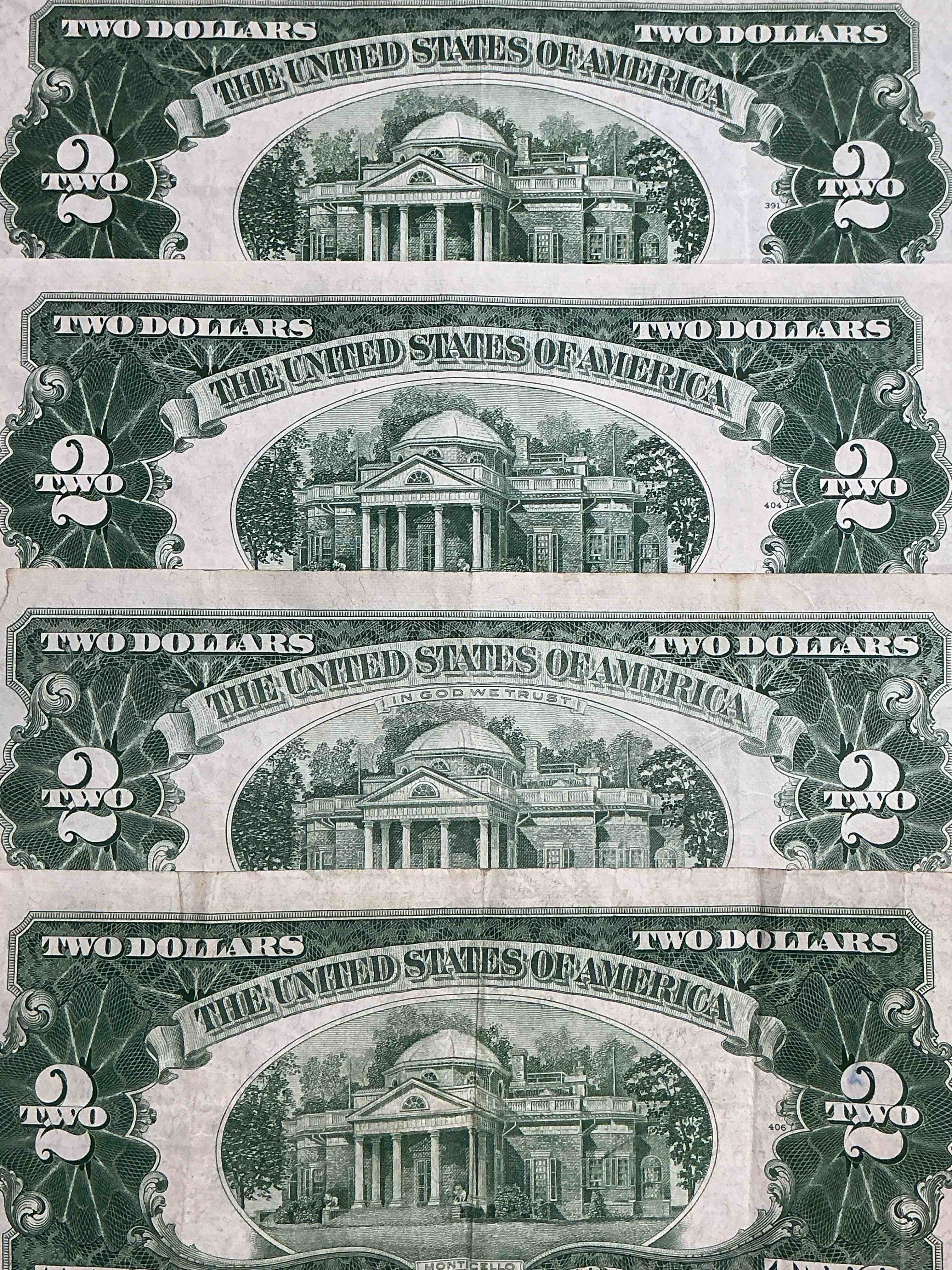 Condition photo showing Good Condition for rare red seal two dollar bills! 1953 & 1963 edition paper money! check out these rare bills, perfect addition to any collection!