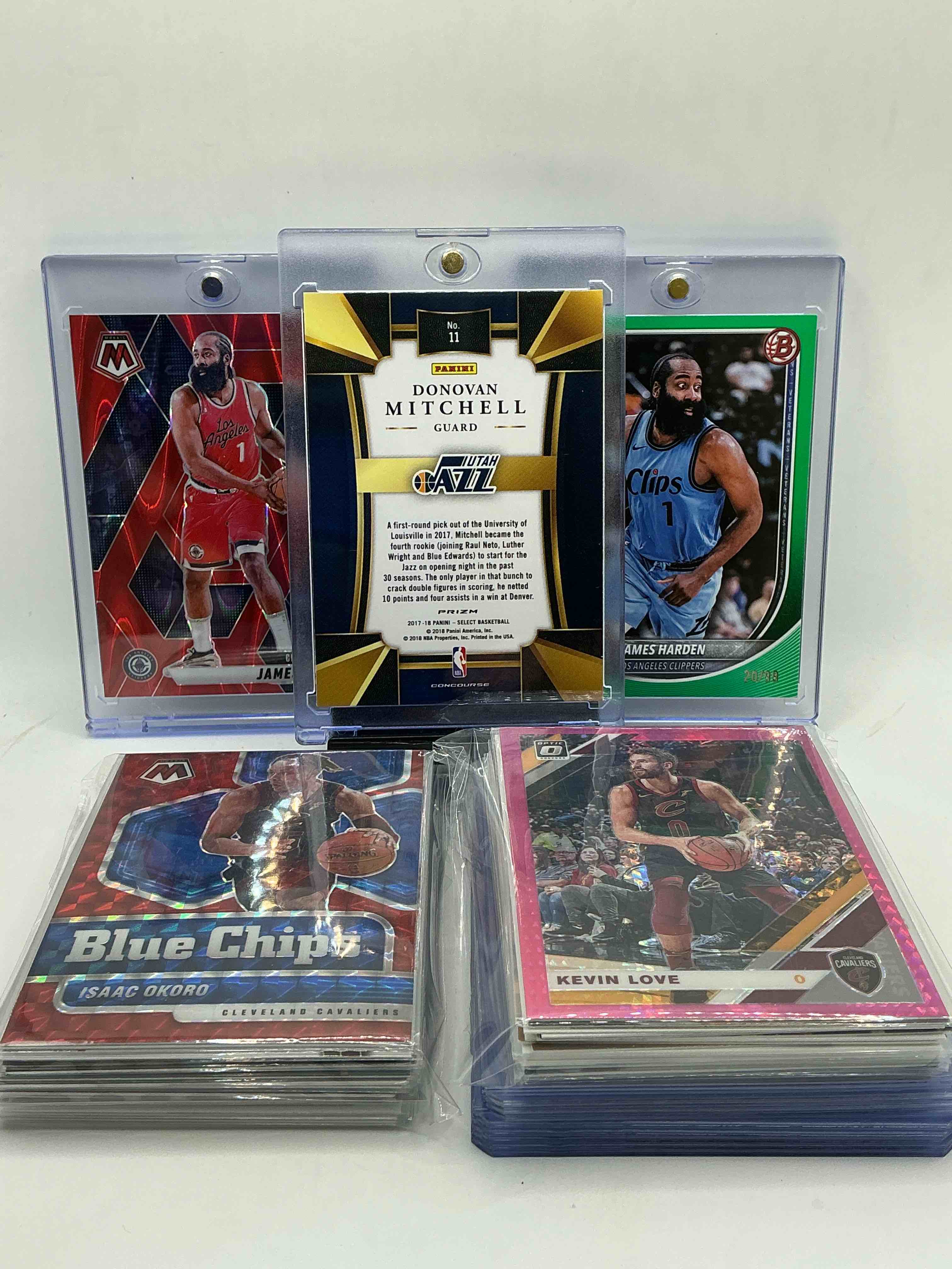 Condition photo showing New/Like New for cavaliers craziness! two numbered james hardens! donovan mitchell select prizm rookie! all kinds of different rookies, parallels, inserts, silvers, heroes & commons all included in this 50 card lot! all the best cavaliers from the conference finals! wow!