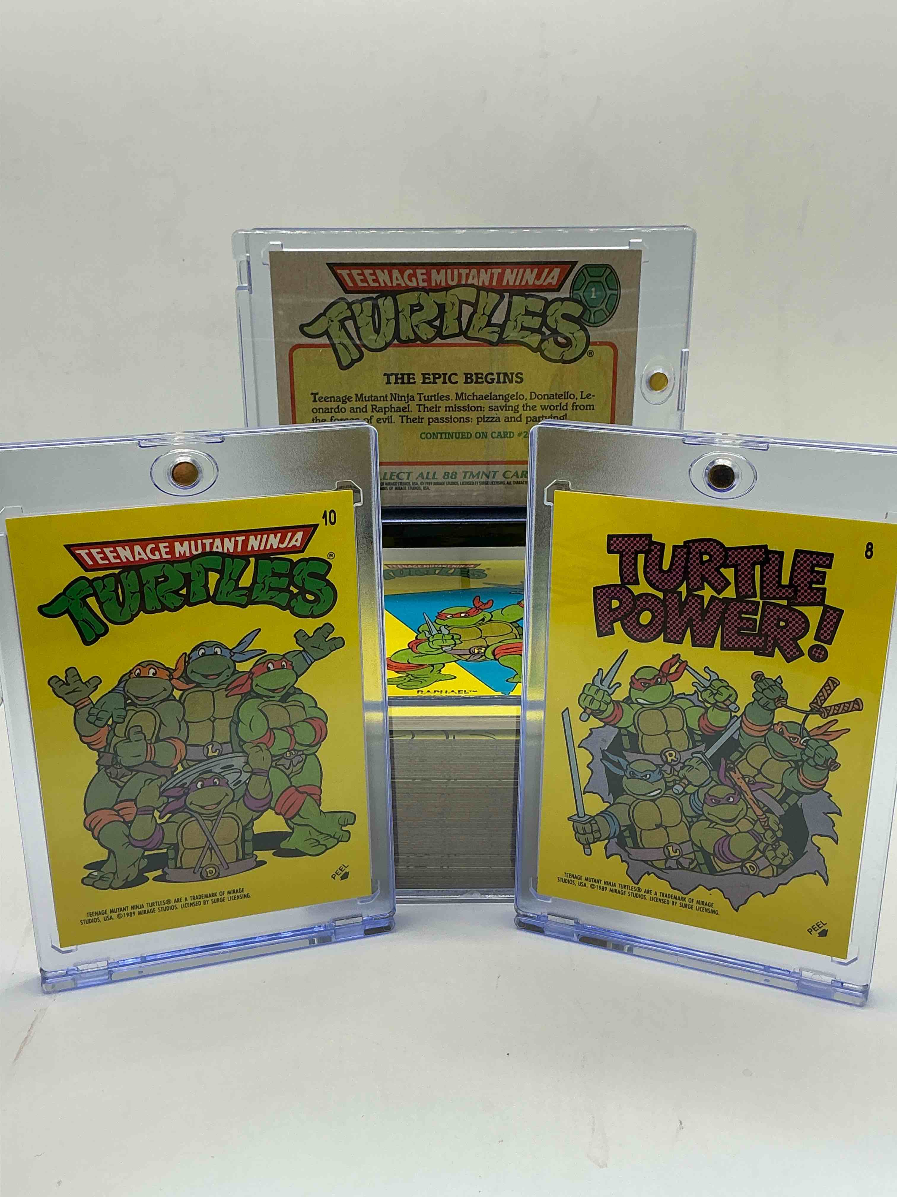 Condition photo showing New/Like New for 1989 ninja turtle wow! totally complete original, authentic teenage mutant ninja turtles complete trading card & stickers! all 88 cards & 11 stickers included, for a total qty of 99! excellent condition! your chance to own a genuine tmnt original serious collectible!