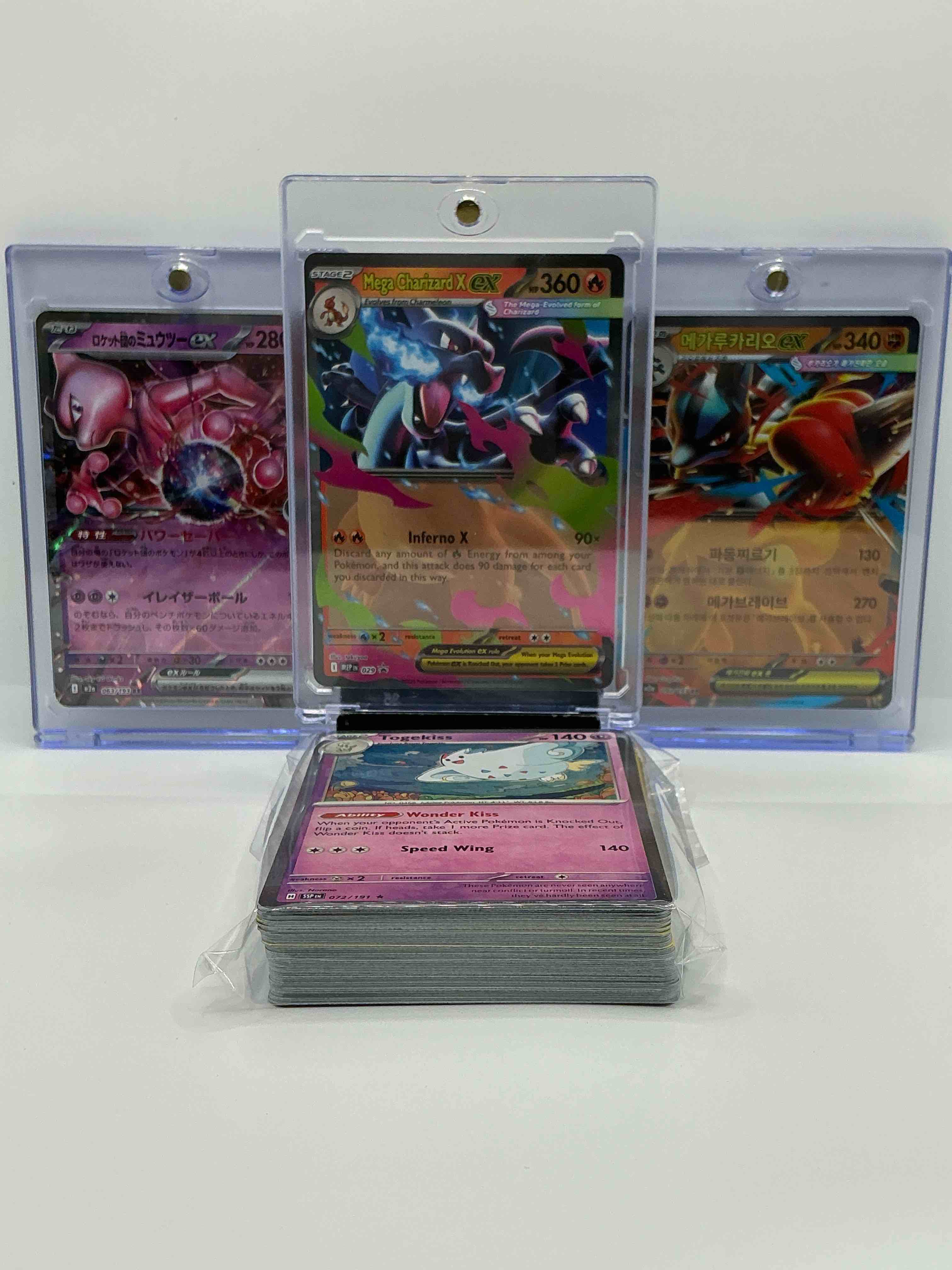 Condition photo showing New/Like New for charizard ex, mewtwo ex & lucario ex & more! along with 50 other pokémon heroes, holos, legends & commons- including holographic cards, stage 2 cards, holos in all forms & more! also includes 36 non holo common/ uncommon basic & first stage cards trainers & energy too! perfect set for collectors & enthusiasts!