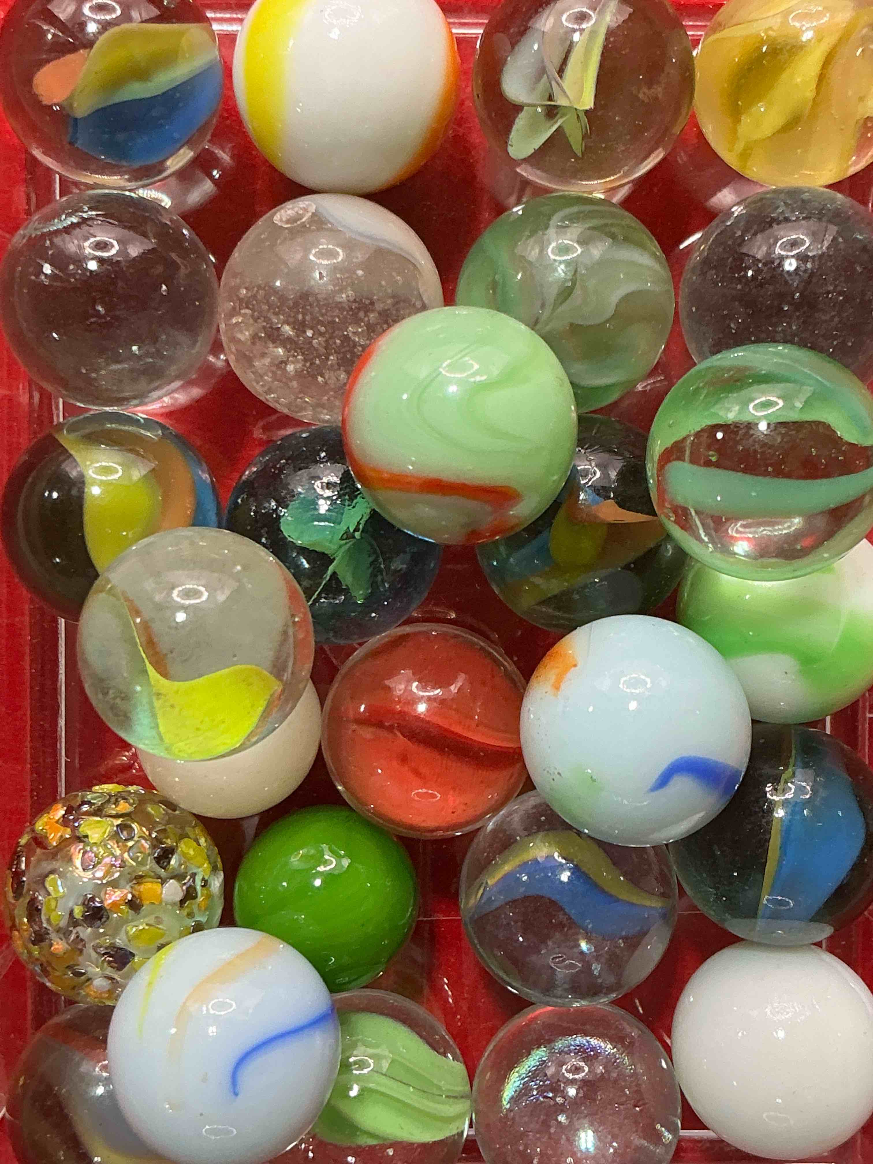Condition photo showing New/Like New for antique glass marbles! genuine stunning marbles lot, some marbles made between the years 1925-1965 & some may be made with uranium! some may are great depression era & even earlier! gorgeous, authentic pieces of history!  
