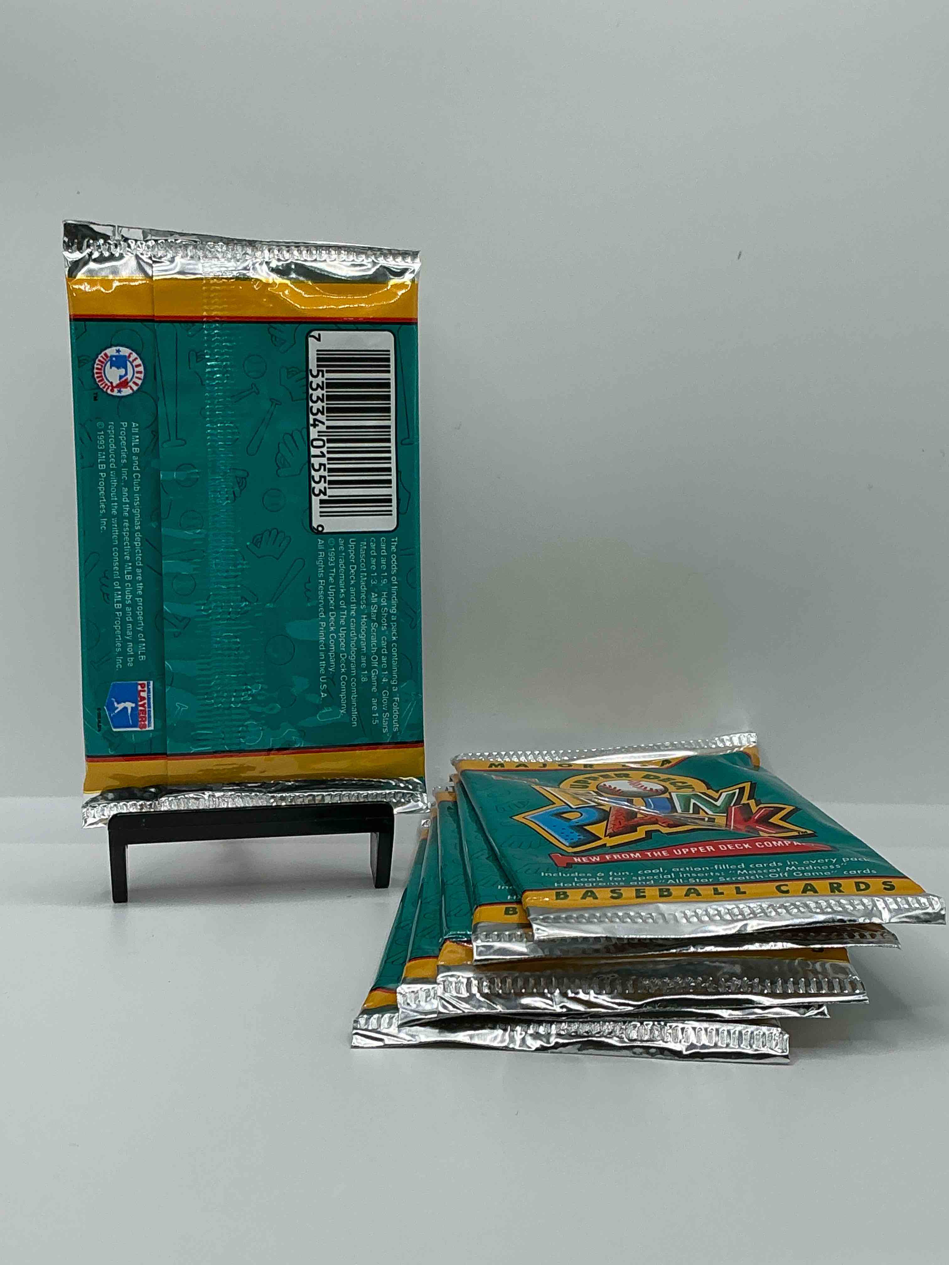 Condition photo showing New/Like New for super fun! 1993 upper deck baseball fun pack! wild baseball insanity! crazy fun baseball packs, look for legends!