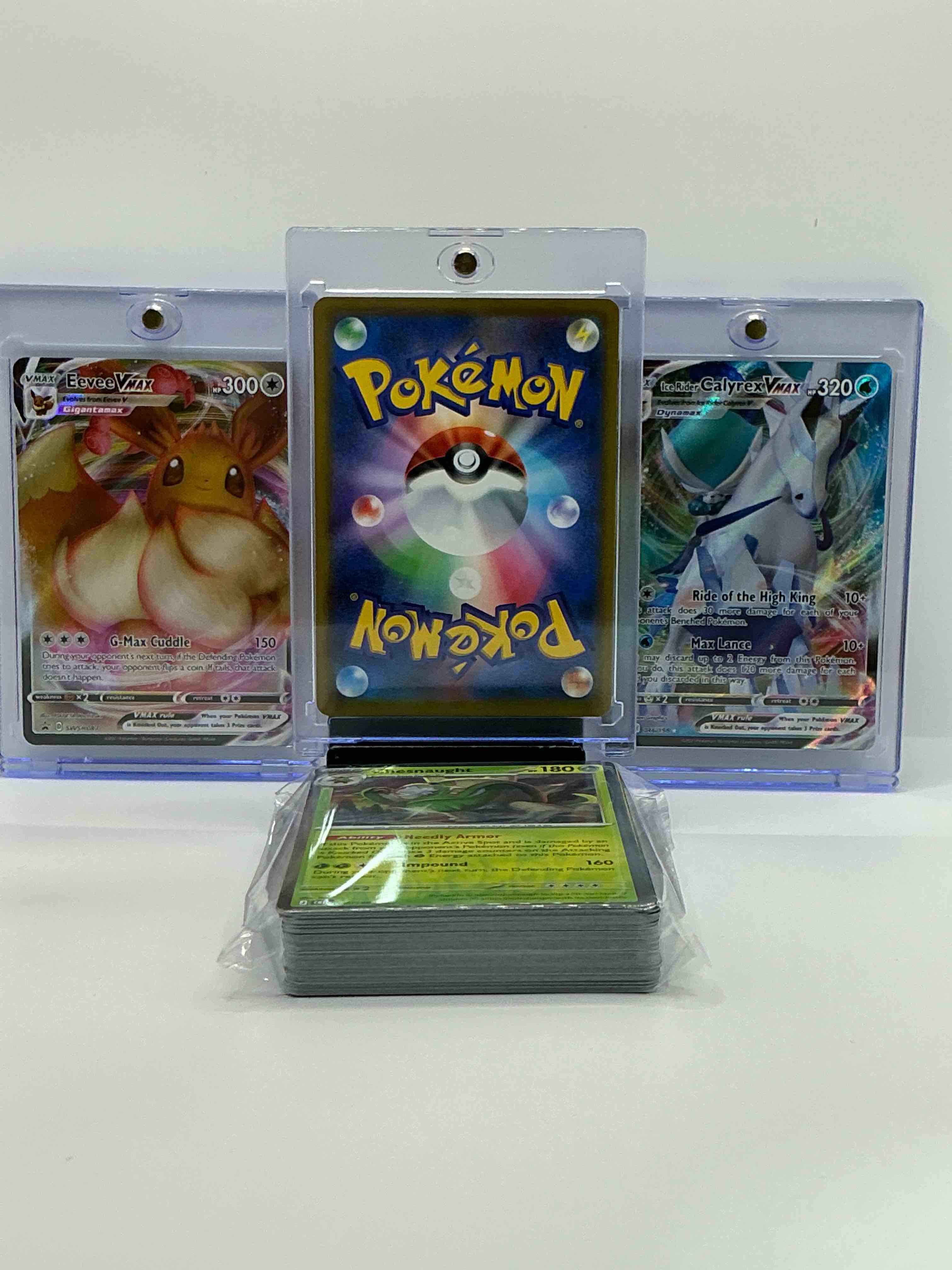 Condition photo showing New/Like New for charizard vstar, eevee v,ax & calyrex vmax & more! along with 50 other pokémon heroes, holos, legends & commons- including holographic cards, stage 2 cards, holos in all forms & more! also includes 36 non holo common/ uncommon basic & first stage cards trainers & energy too! perfect set for collectors & enthusiasts!