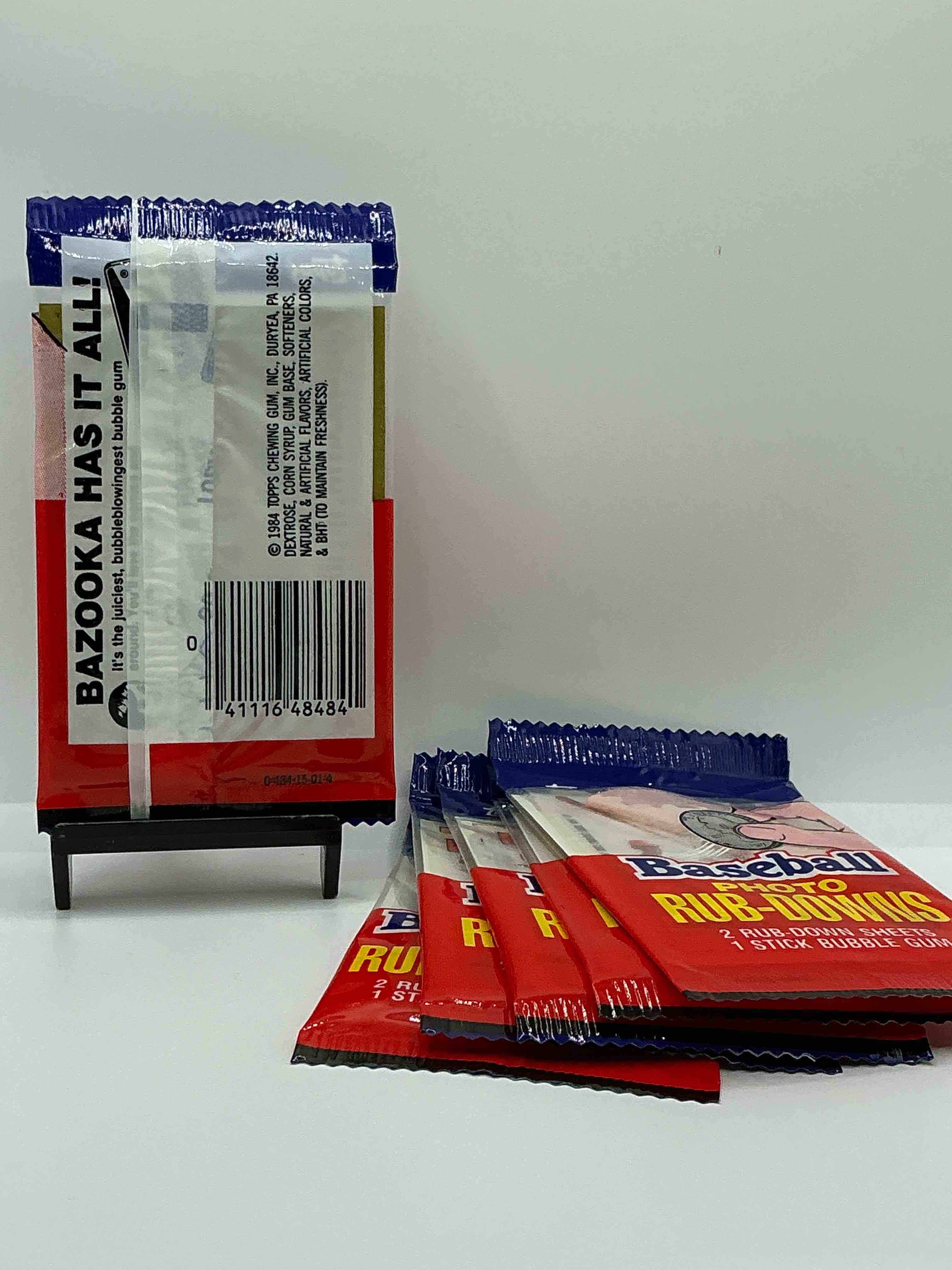 Condition photo showing New/Like New for topps 1984 baseball rub downs! super rare mid 80’s baseball packs! super rare & cool!