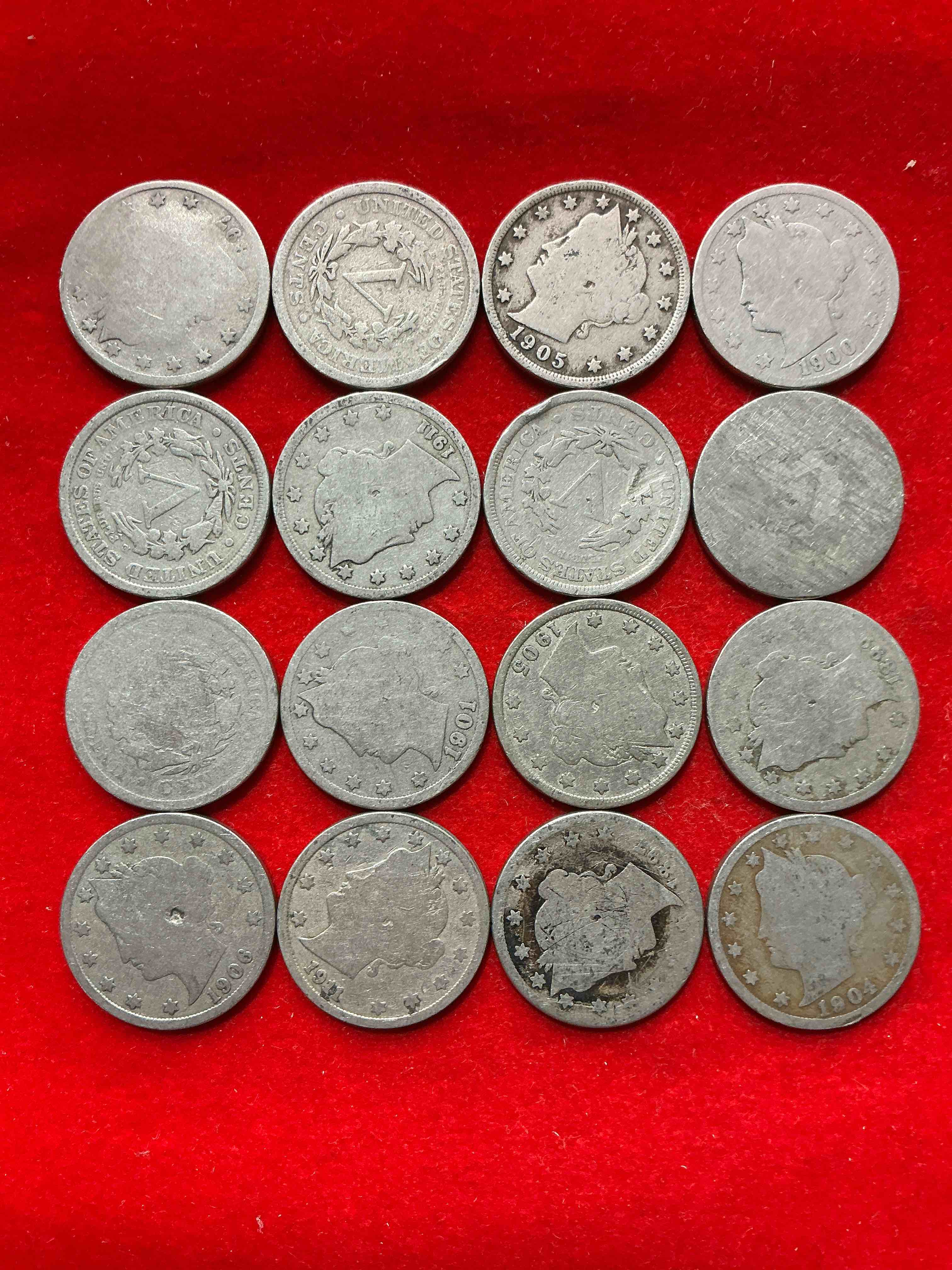 Condition photo showing Good Condition for antique u.s. v nickels! think of the history these coins have seen!, liberty head v nickels were minted up until 1913 & were the style of nickels before buffalo nickels. own some cool pieces of history! rare to see these coins with the "date on" in circulated condition!