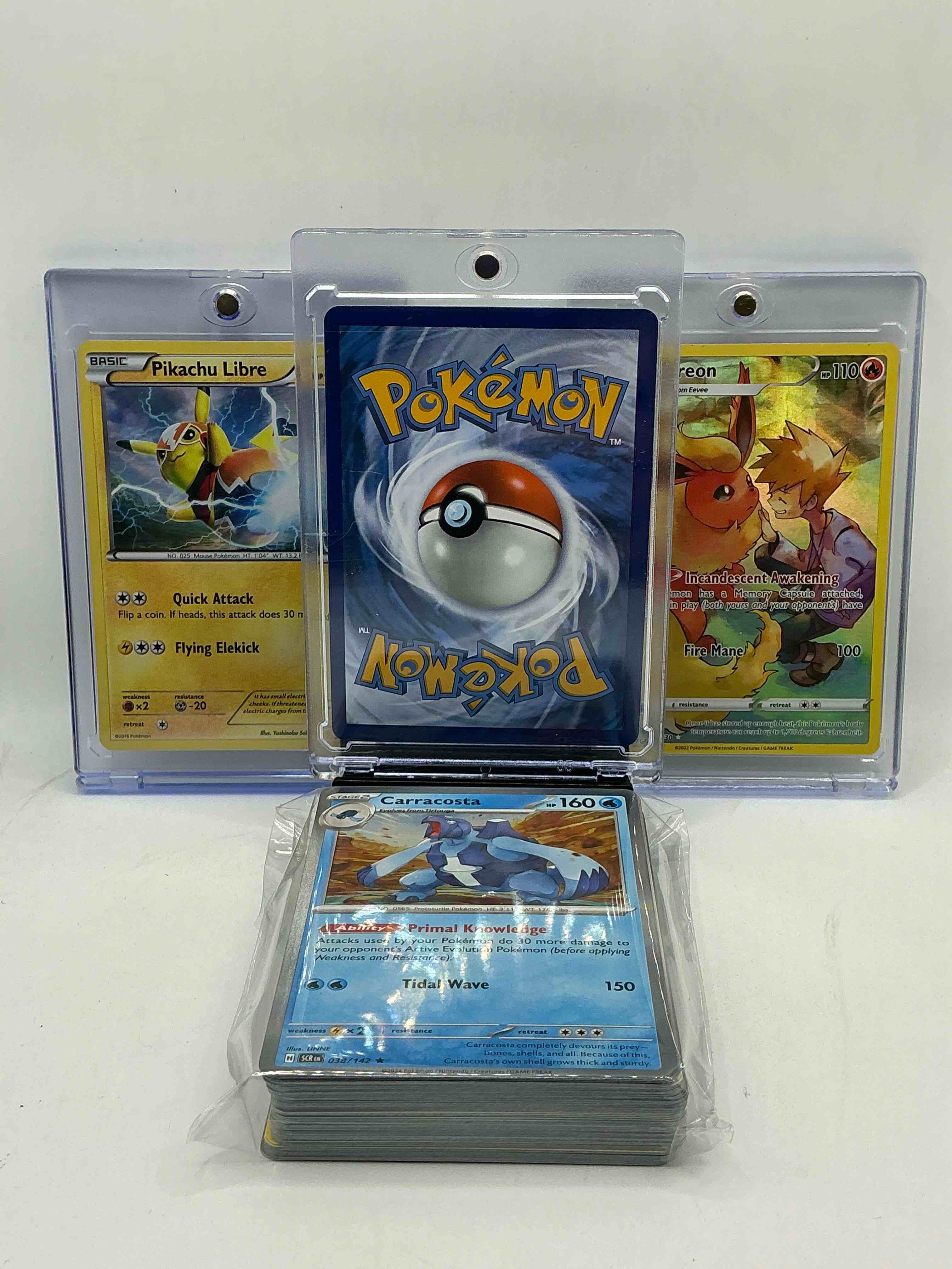 Condition photo showing New/Like New for mewtwo v! pikachu libre! flareon! along with 50 other pokémon heroes, holos, legends & commons- including holographic cards, stage 2 cards, holos in all forms & more! also includes 36 non holo common/ uncommon basic & first stage cards trainers & energy too! perfect set for collectors & enthusiasts!