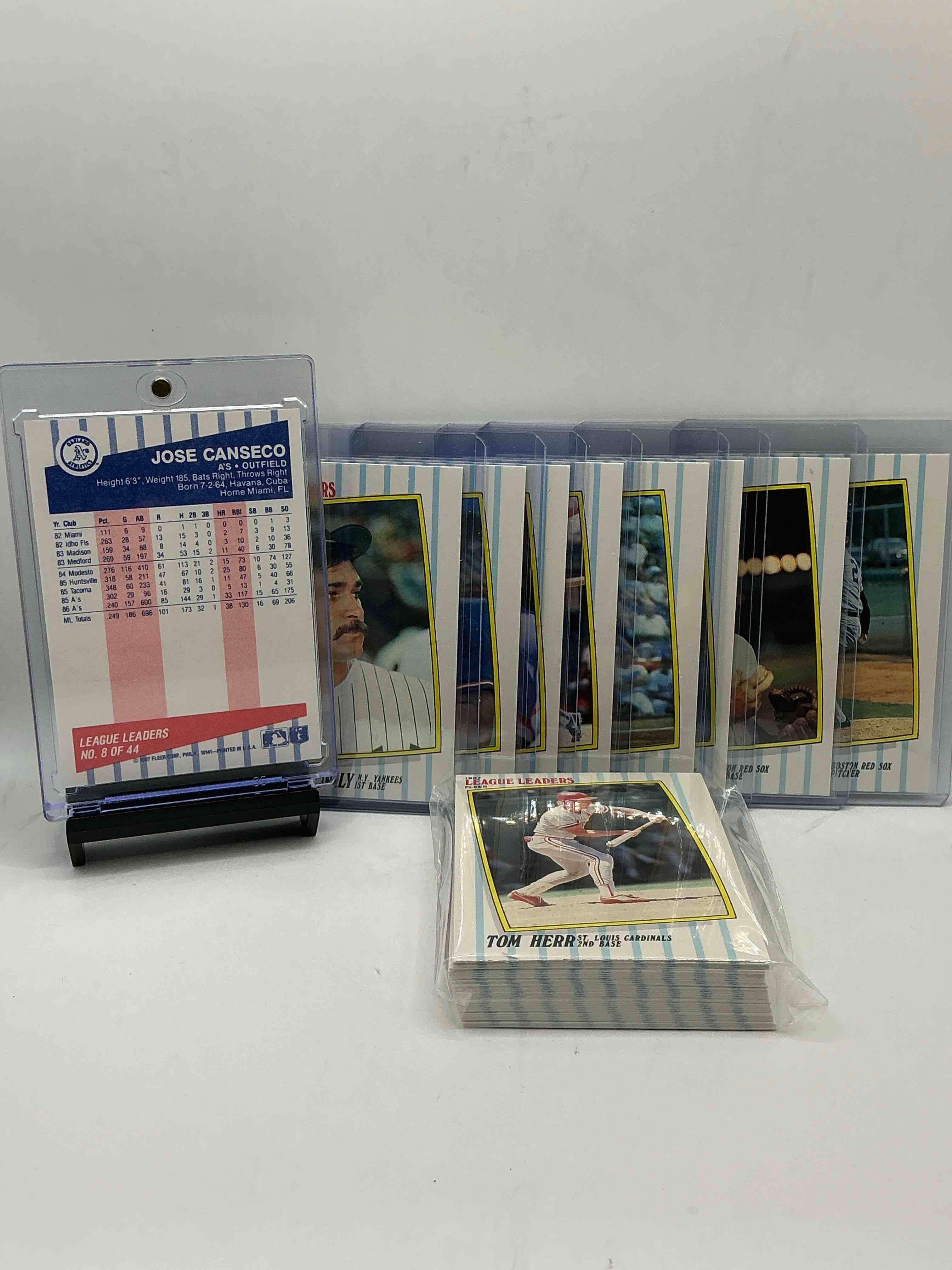 Condition photo showing New/Like New for 1987 baseball history! fleer collector’s “league leaders” 50 card complete! limited edition! included is all of the legends from the late 80’s like jose canseco, don mattingly, roger clemens, pete rose & so many more! everything included just like it would’ve been purchased in ‘87! wow!