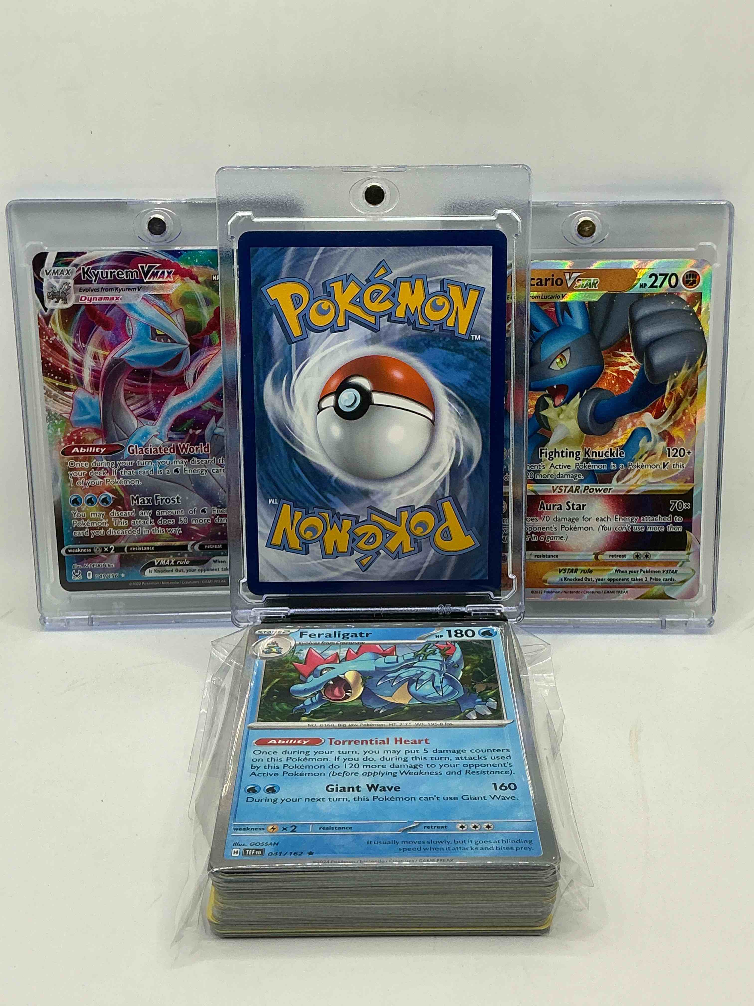 Condition photo showing New/Like New for surfing pikachu vmax! kyurem vmax! lucario vstar! along with 50 other pokémon heroes, holos, legends & commons- including holographic cards, stage 2 cards, holos in all forms & more! also includes 36 non holo common/ uncommon basic & first stage cards trainers & energy too! perfect set for collectors & enthusiasts!