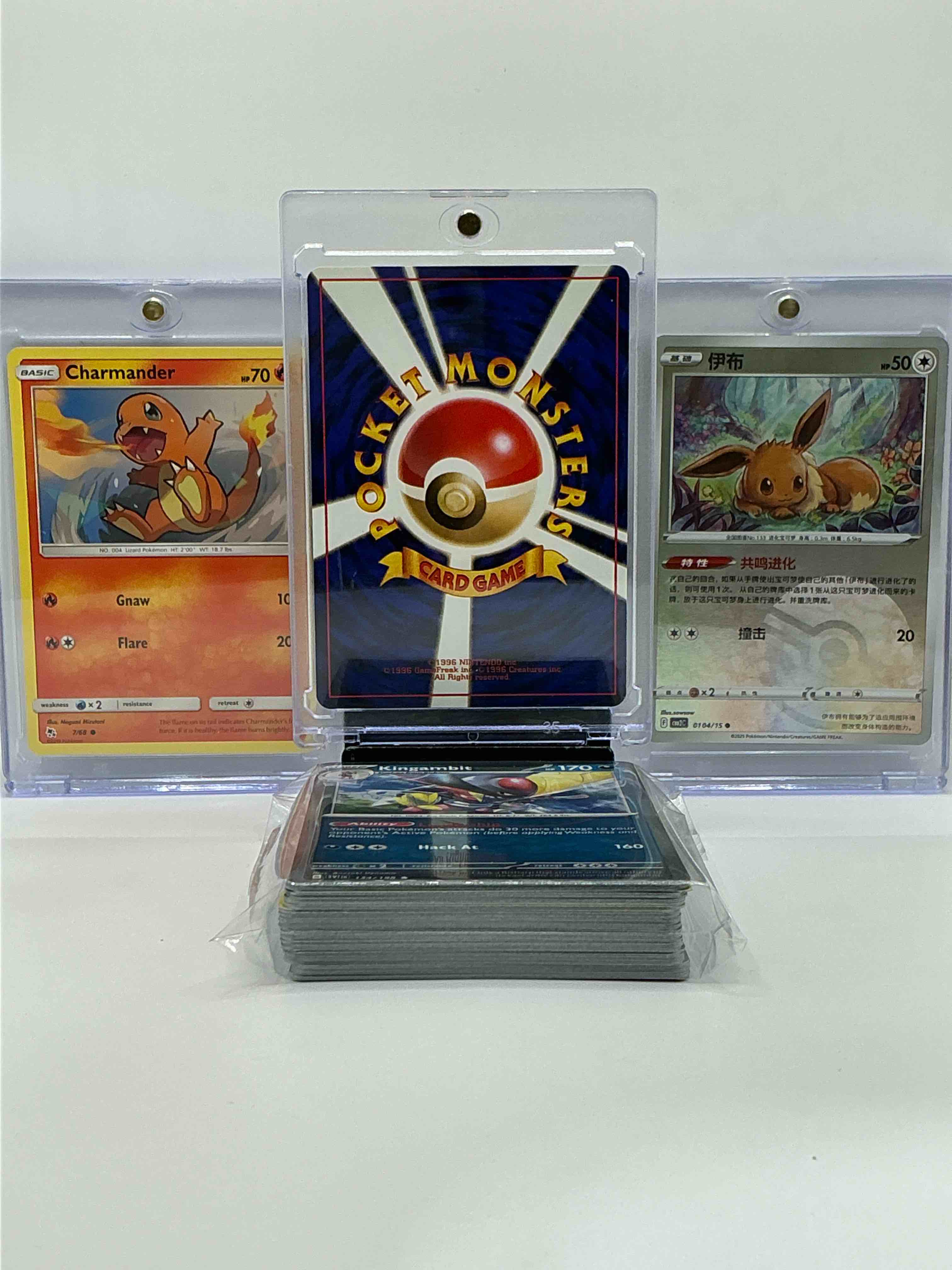 Condition photo showing New/Like New for vintage! pikachu, eevee & charmander! along with 50 other pokémon heroes, holos, legends & commons- including holographic cards, stage 2 cards, holos in all forms & more! also includes 36 non holo common/ uncommon basic & first stage cards trainers & energy too! perfect set for collectors & enthusiasts!