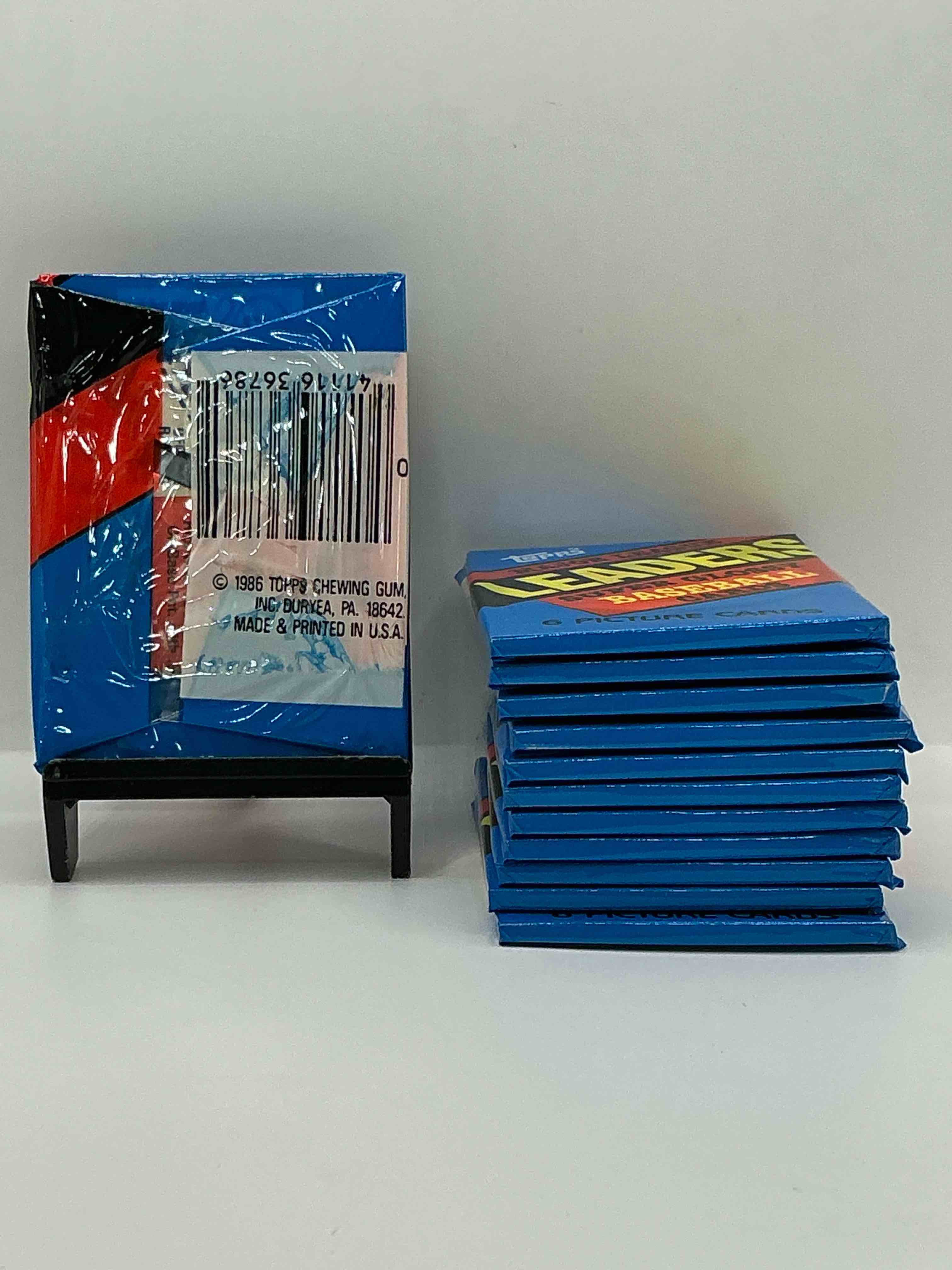 Condition photo showing New/Like New for ultra rare! 1986 "mlb leaders" unopened miniature baseball collectible card packs, 6 cards per pack, direct from original retail case. super rare, impossible to find! like new condition!