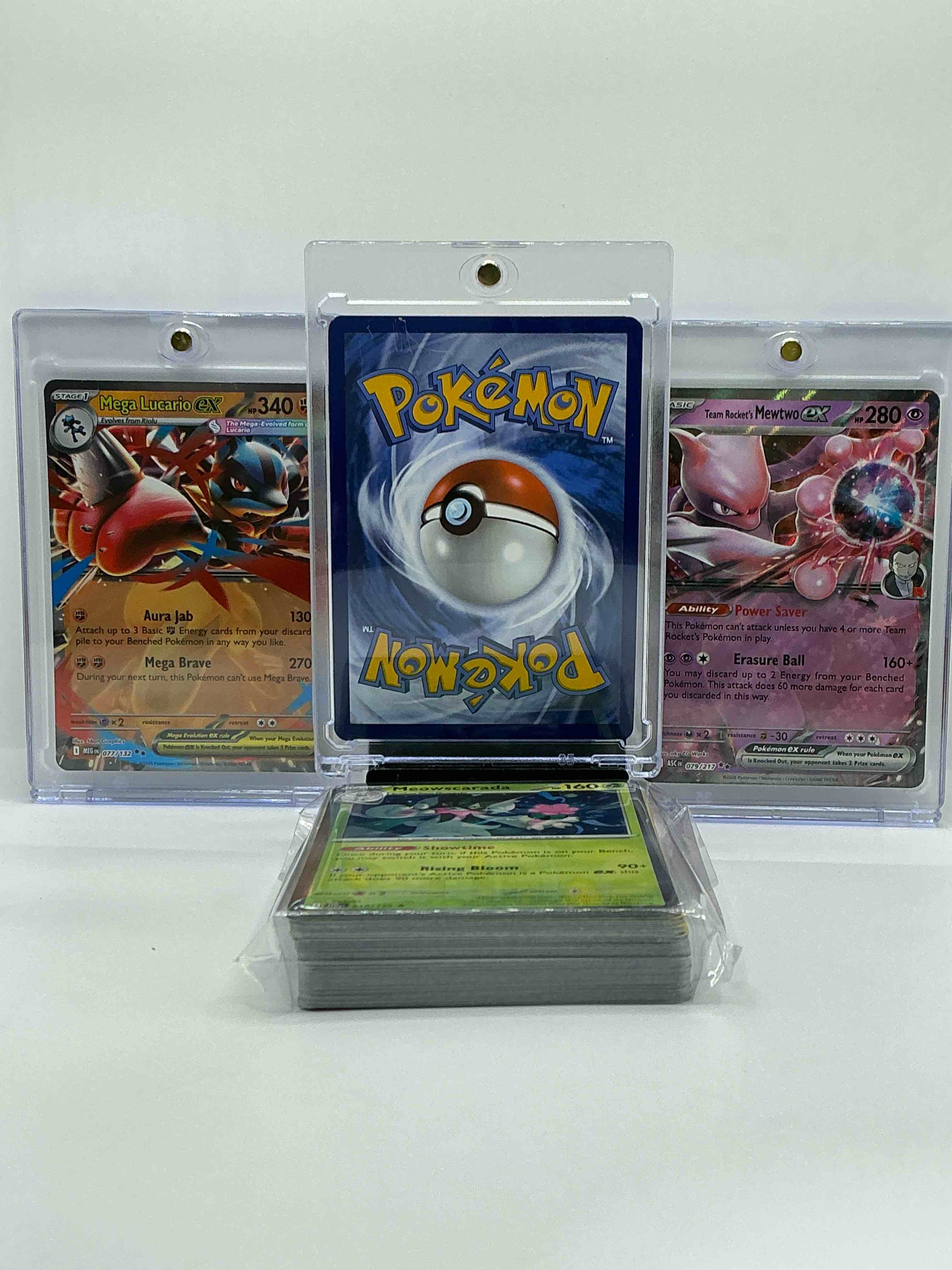 Condition photo showing New/Like New for mega lucario ex! mewtwo ex! charizard ex! along with 50 other pokémon heroes, holos, legends & commons- including holographic cards, stage 2 cards, holos in all forms & more! also includes 36 non holo common/ uncommon basic & first stage cards trainers & energy too! perfect set for collectors & enthusiasts!