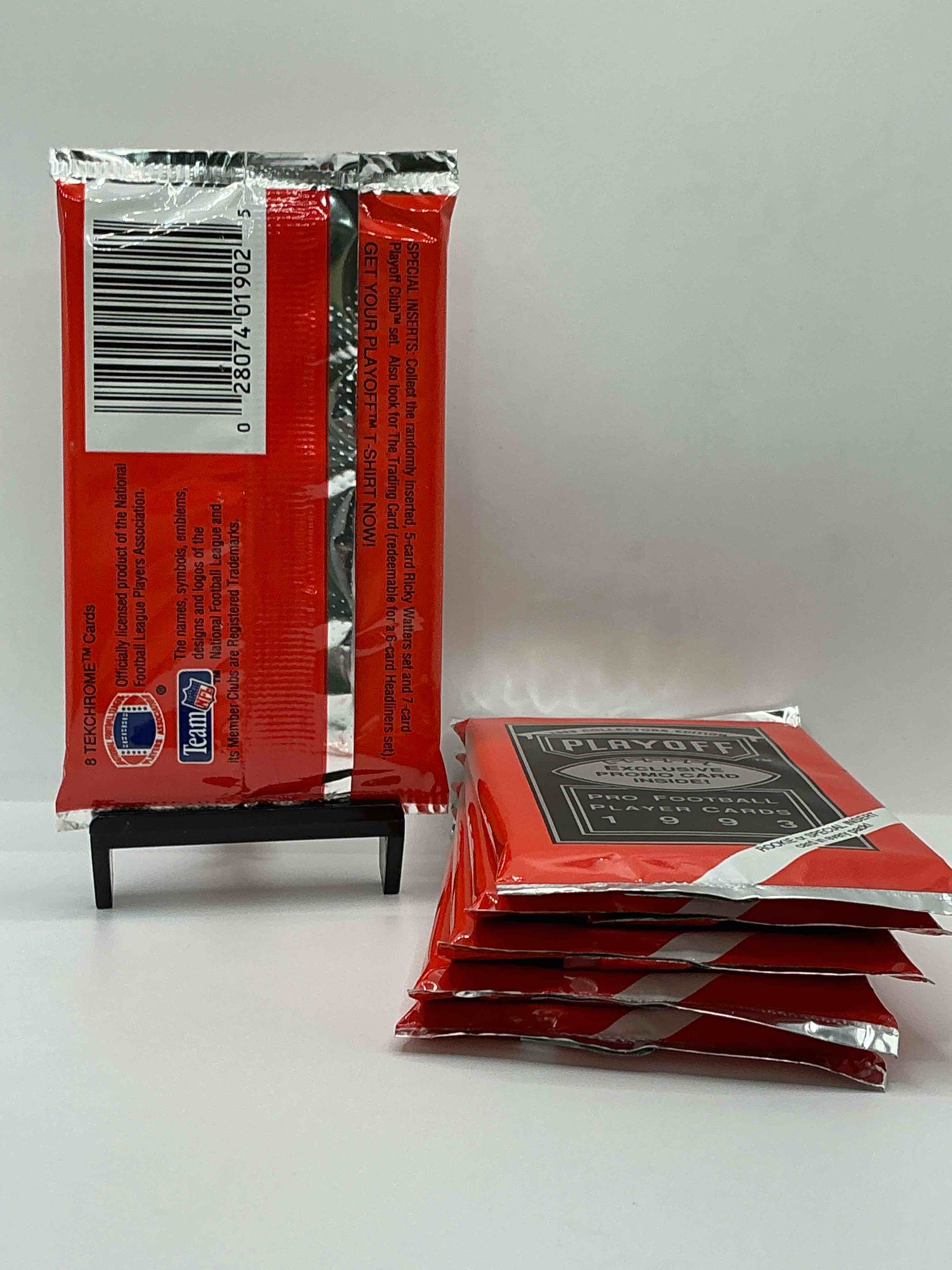 Condition photo showing New/Like New for beautiful & super rare 1993 playoff football unopened packs, direct from chrome display box! these packs have at least one special insert or rookie in each pack! search for troy aikman, emmitt smith, barry sanders, jerry rice & more!