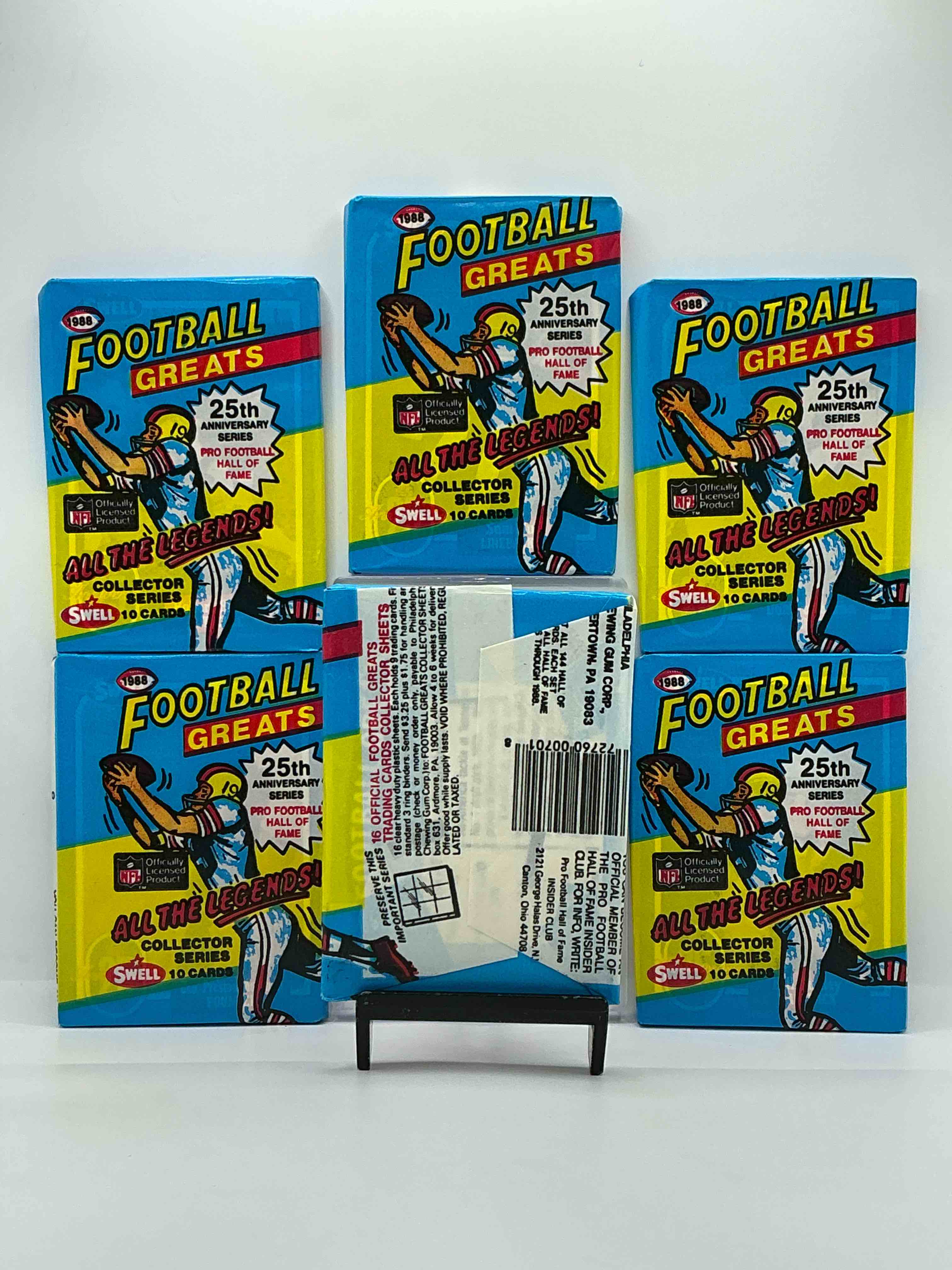 Condition photo showing New/Like New for jim brown!? roger staubach!? joe namath & more! 1988 swell football greats! the players & legends you could pull from these packs are insane! oj simpson, dick butkus & more potential cards & players you could pull! wow!