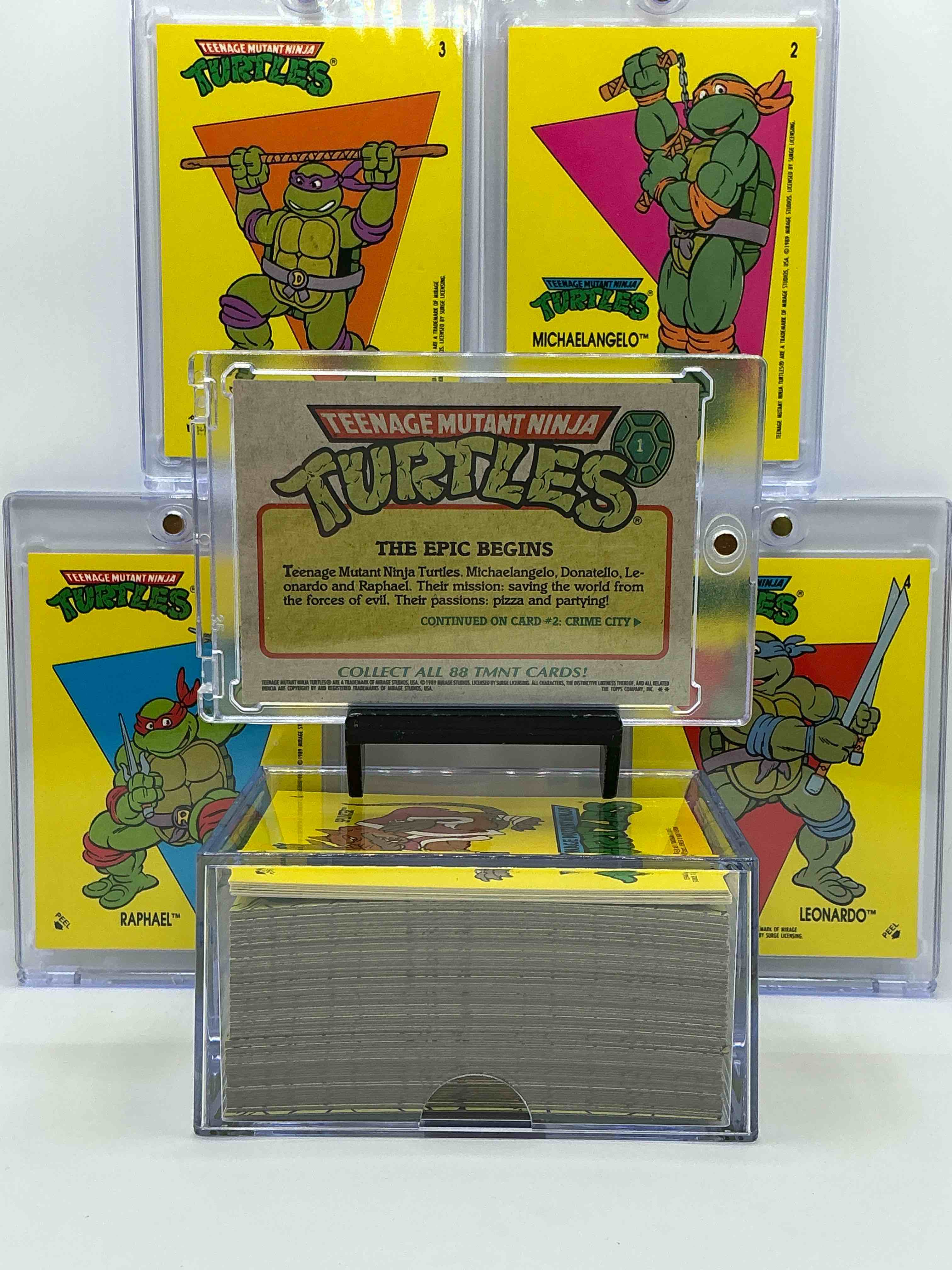 Condition photo showing New/Like New for 1989 ninja turtle wow! totally complete original, authentic teenage mutant ninja turtles complete trading card & stickers! all 88 cards & 11 stickers included, for a total qty of 99! excellent condition! your chance to own a genuine tmnt original serious collectible!