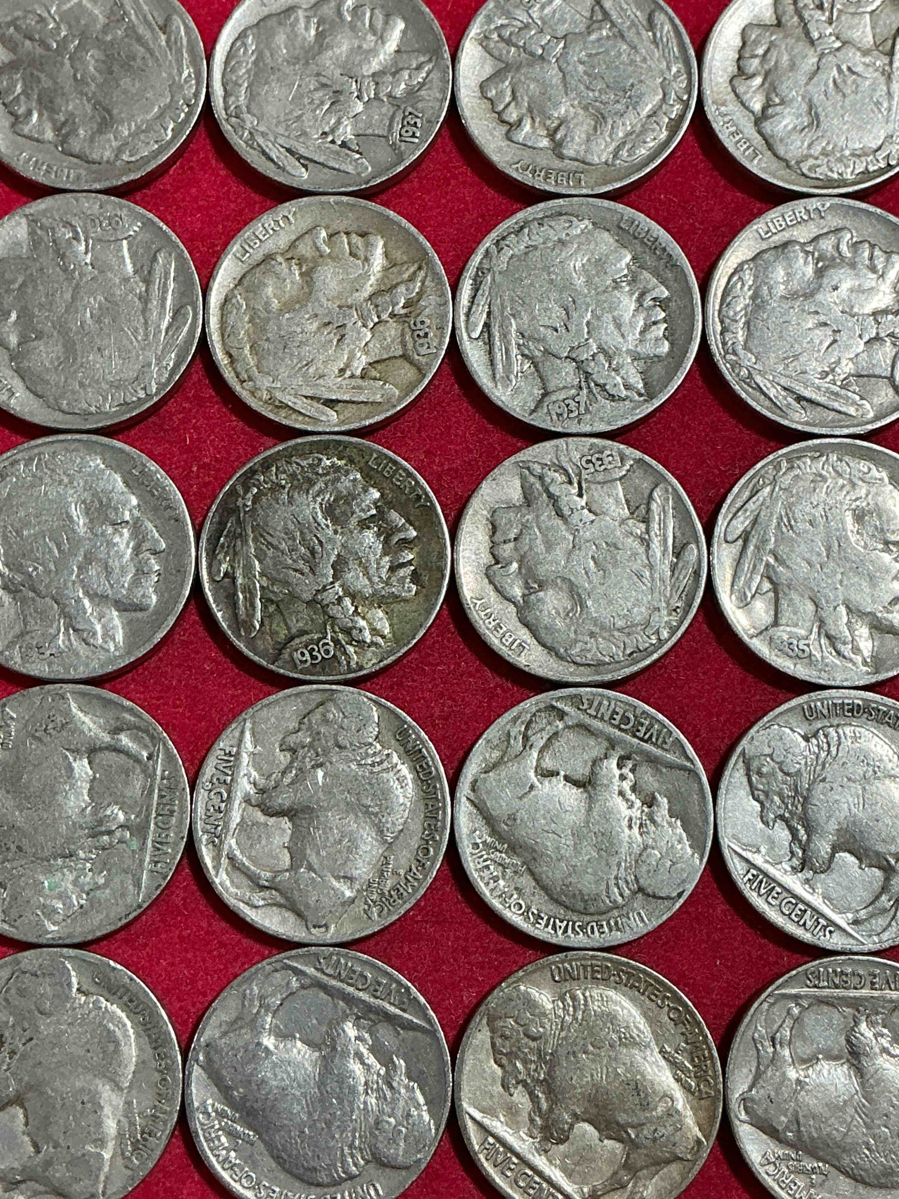 Condition photo showing Good Condition for historic buffalo nickels! indian head buffalo nickels were minted from 1913 to 1938 & have become a favorite for coin collectors around the world! own pieces of american history with these cool indian head buffalo nickels in circulated condition, most with visible dates which is very rare for buffalo nickels!