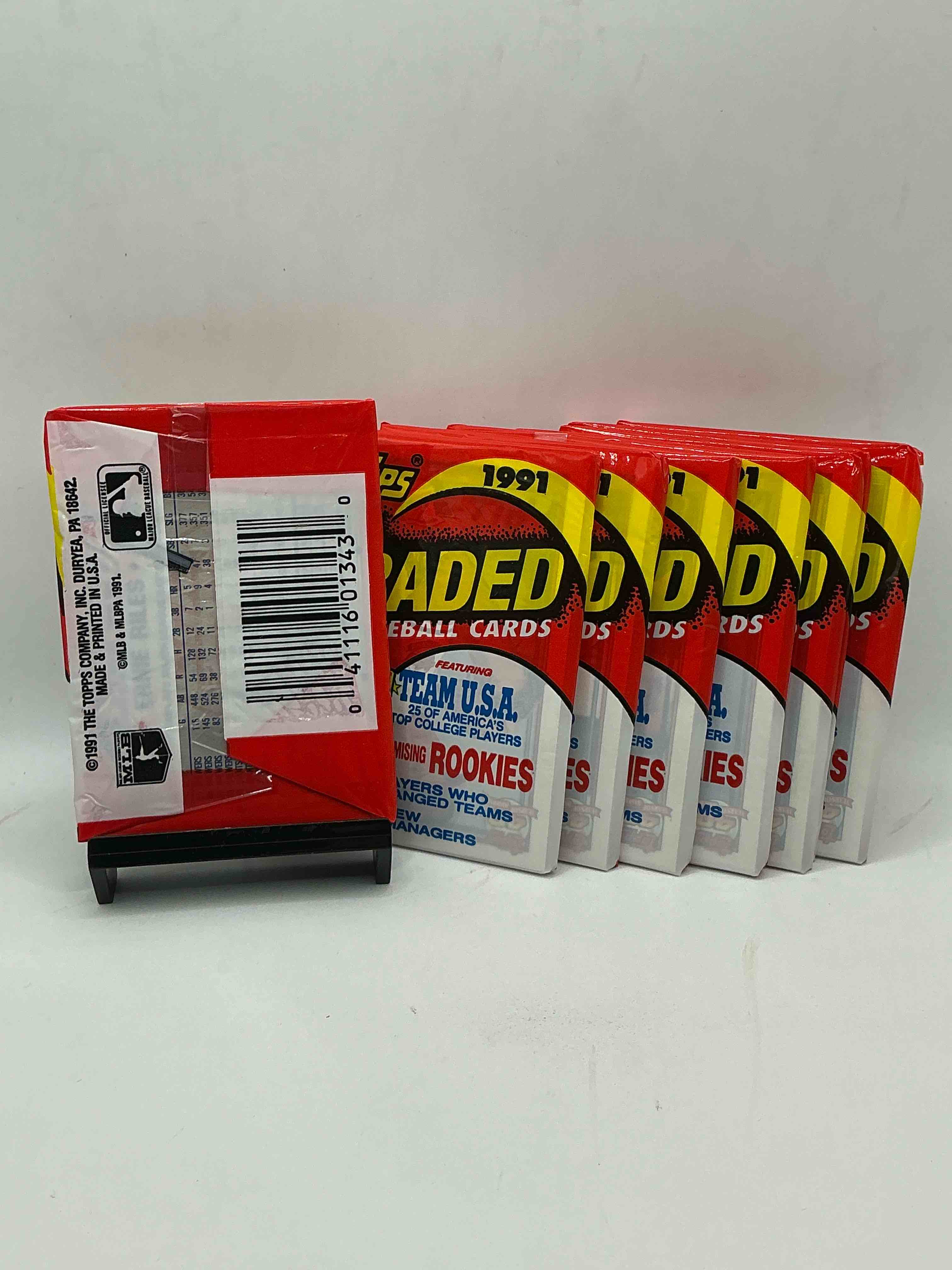 Condition photo showing New/Like New for 1991 topps traded baseball card unopened packs, straight from box! search for ken griffey jr cards, bo jackson cards & other 80s & 90s stars! perfect baseball packs!