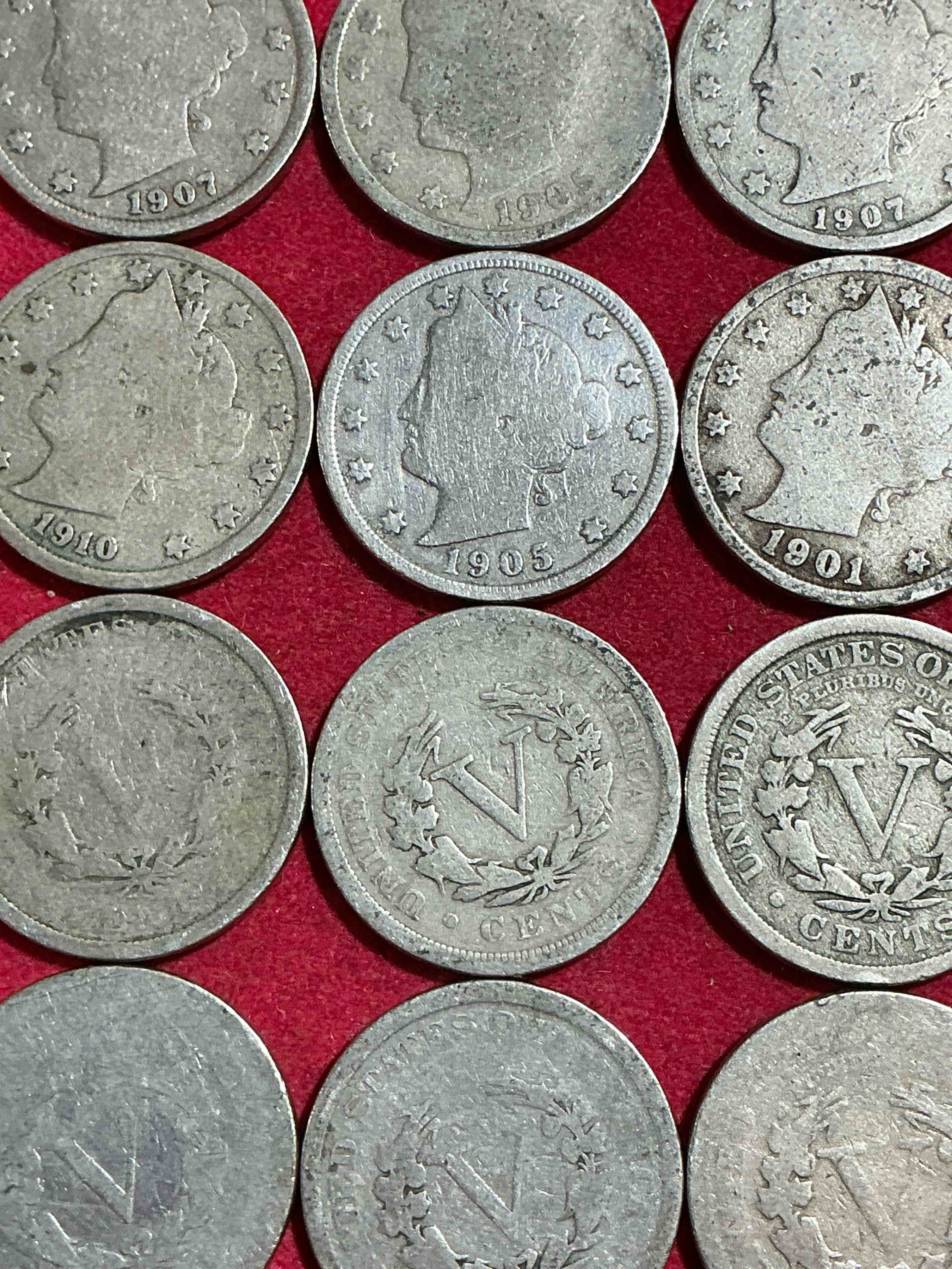 Condition photo showing Good Condition for antique u.s. v nickels! think of the history these coins have seen!, liberty head v nickels were minted up until 1913 & were the style of nickels before buffalo nickels. own some cool pieces of history! rare to see these coins with the "date on" in circulated condition!