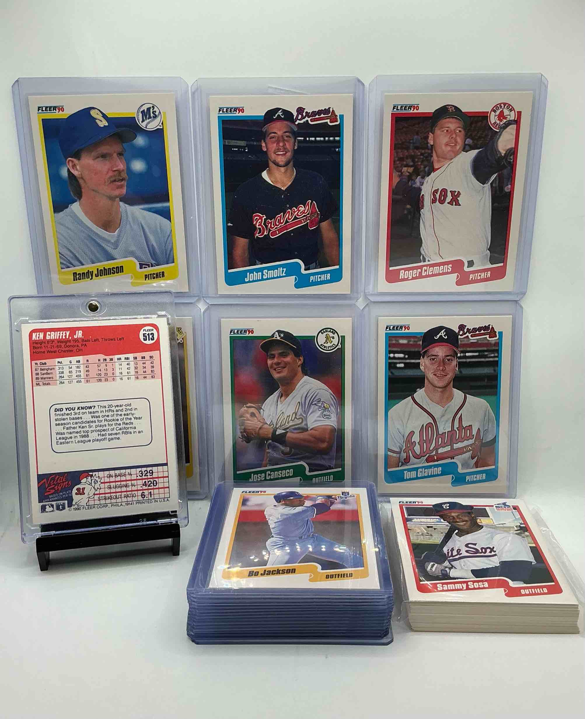 Condition photo showing New/Like New for 1990 fleer baseball 50 card craziness! ken griffey jr, bo jackson, randy johnson, barry bonds, john smoltz, kirby puckett, tom glavine, rickey henderson, don mattingly, cal ripken, wade boggs, doc gooden, greg maddux, fernando valenzuela, nolan ryan, roger clemens, george brett, tony gwynn & more! the best players from the time! super rare set with all of these stars! 50 card craziness! legends, heroes & commons!