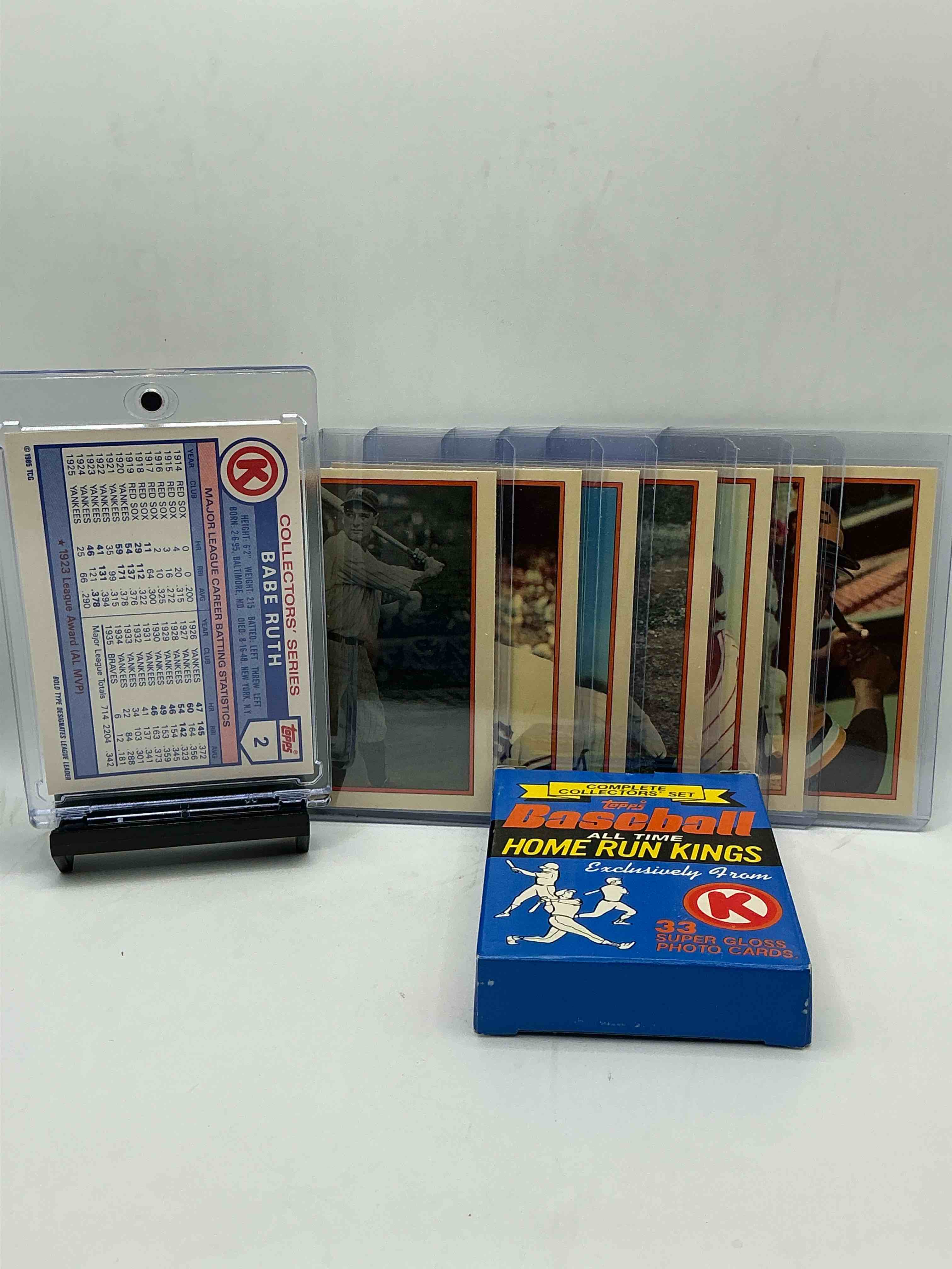 Condition photo showing New/Like New for 1985 topps baseball rarity! k-mart exclusive topps baseball “home run kings” collectors’ complete! babe ruth! mickey mantle! willie mays! lou gehrig & so many more legends all included in this box!