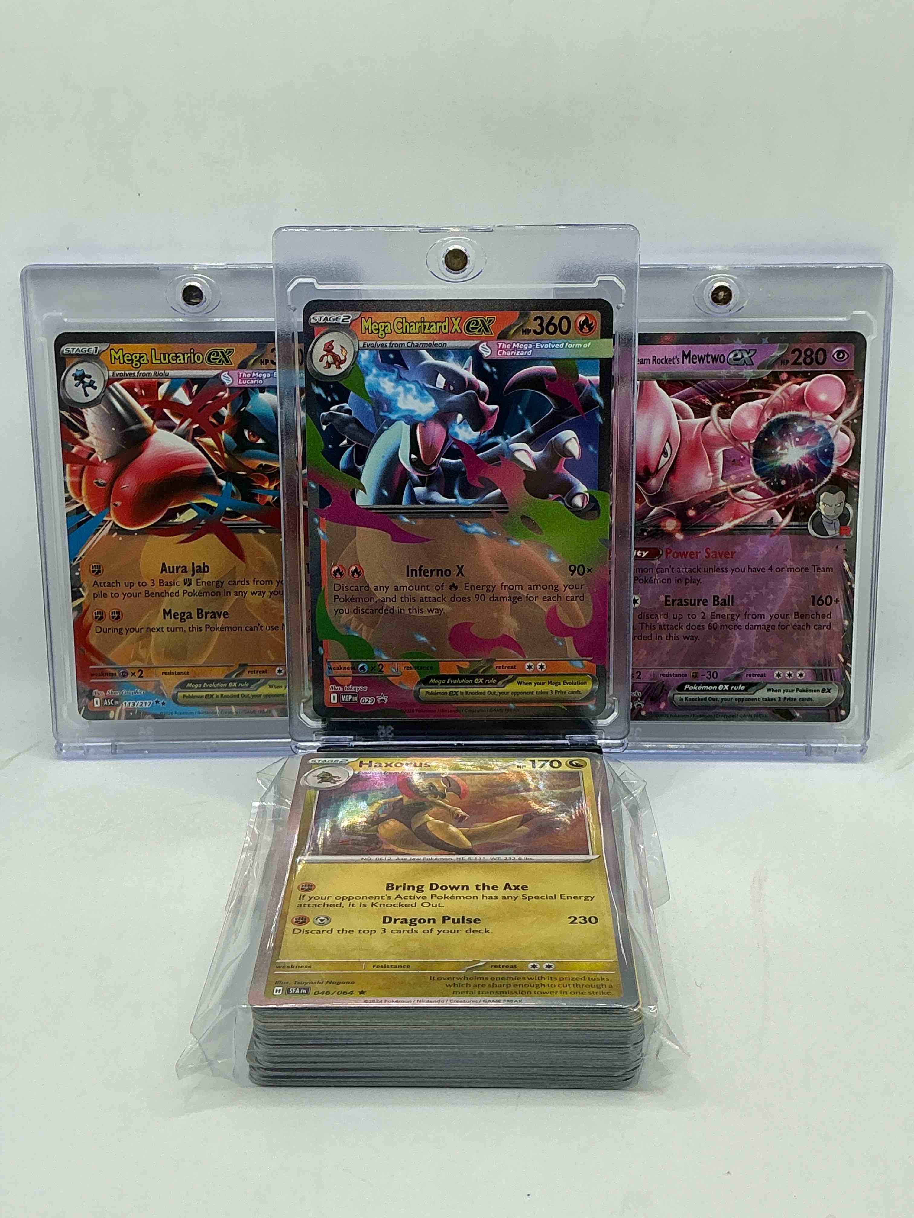 mega charizard x ex! mega lucario ex! mewtwo ex! along with 50 other pokémon heroes, holos, legends & commons- including holographic cards, stage 2 cards, holos in all forms & more! also includes 36 non holo common/ uncommon basic & first stage cards trainers & energy too! perfect set for collectors & enthusiasts!