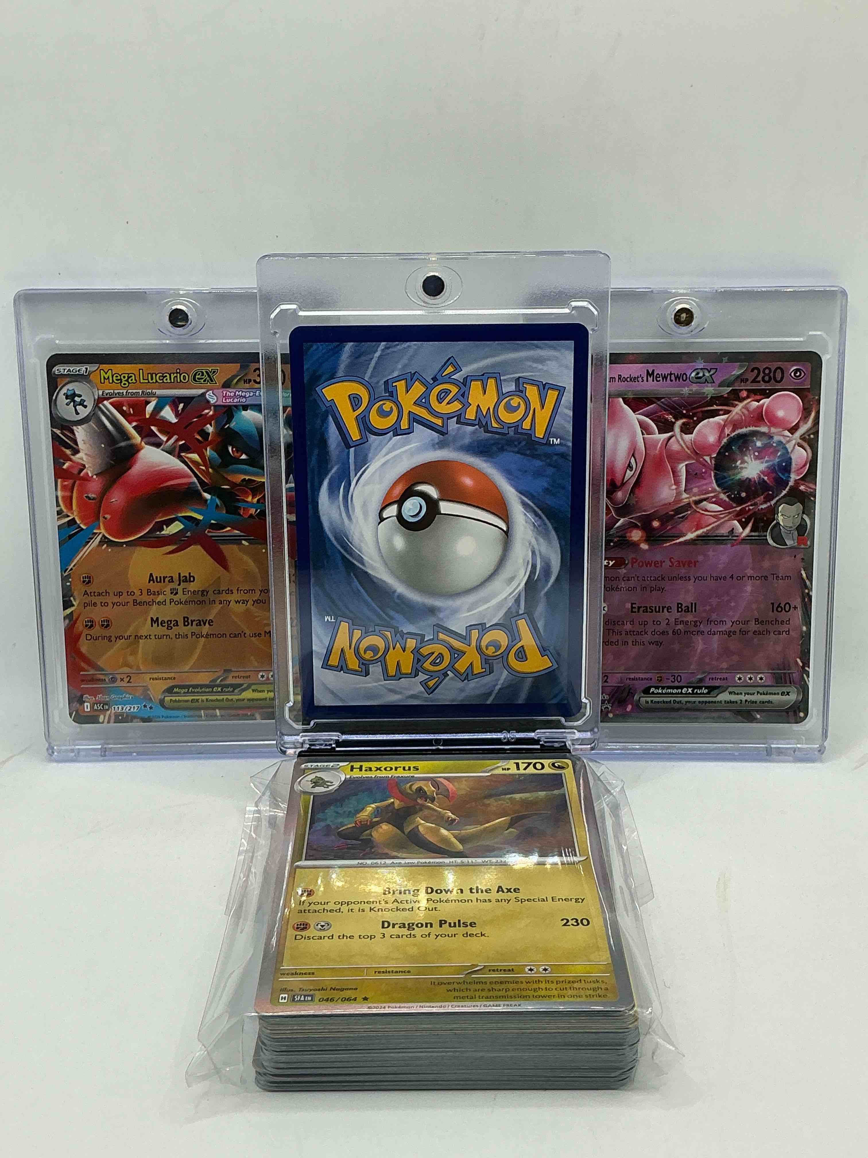 Condition photo showing New/Like New for mega charizard x ex! mega lucario ex! mewtwo ex! along with 50 other pokémon heroes, holos, legends & commons- including holographic cards, stage 2 cards, holos in all forms & more! also includes 36 non holo common/ uncommon basic & first stage cards trainers & energy too! perfect set for collectors & enthusiasts!