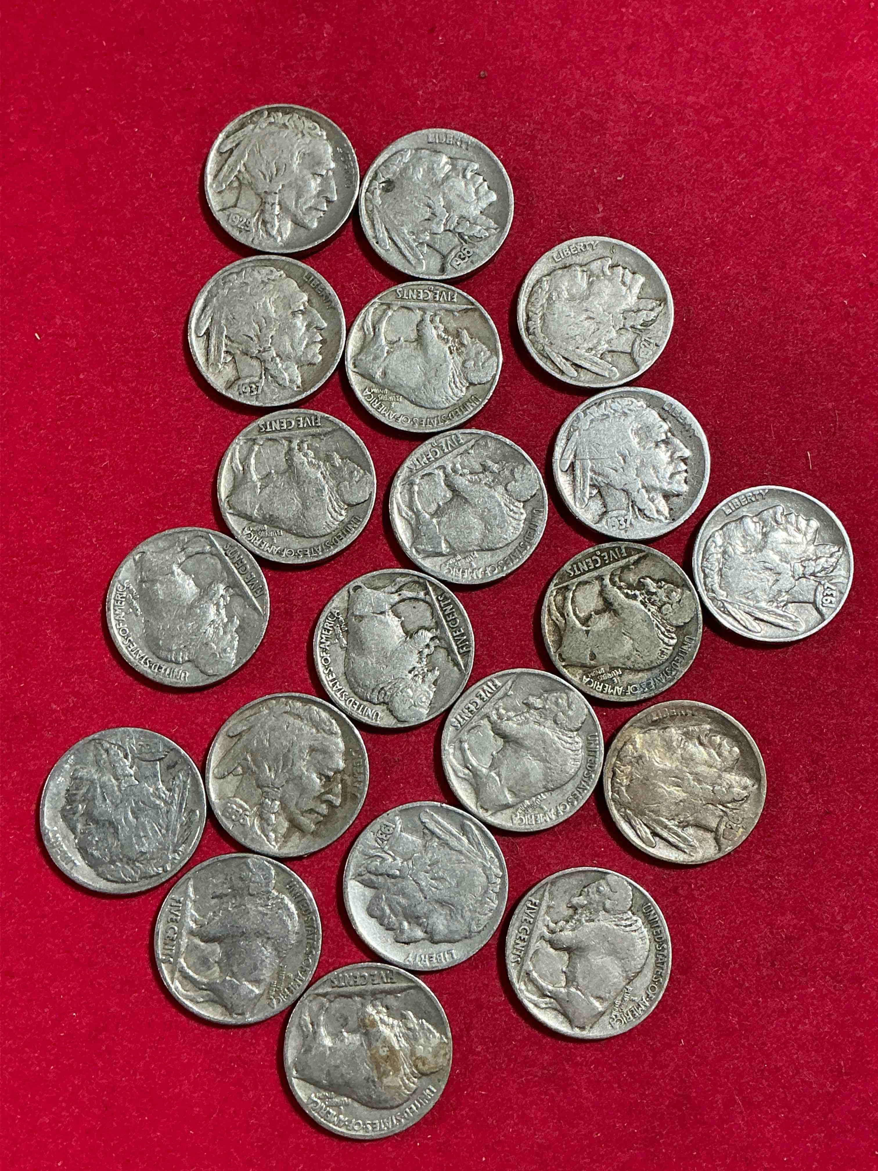 Condition photo showing Good Condition for historic buffalo nickels! indian head buffalo nickels were minted from 1913 to 1938 & have become a favorite for coin collectors around the world! own pieces of american history with these cool indian head buffalo nickels in circulated condition, most with visible dates which is very rare for buffalo nickels!