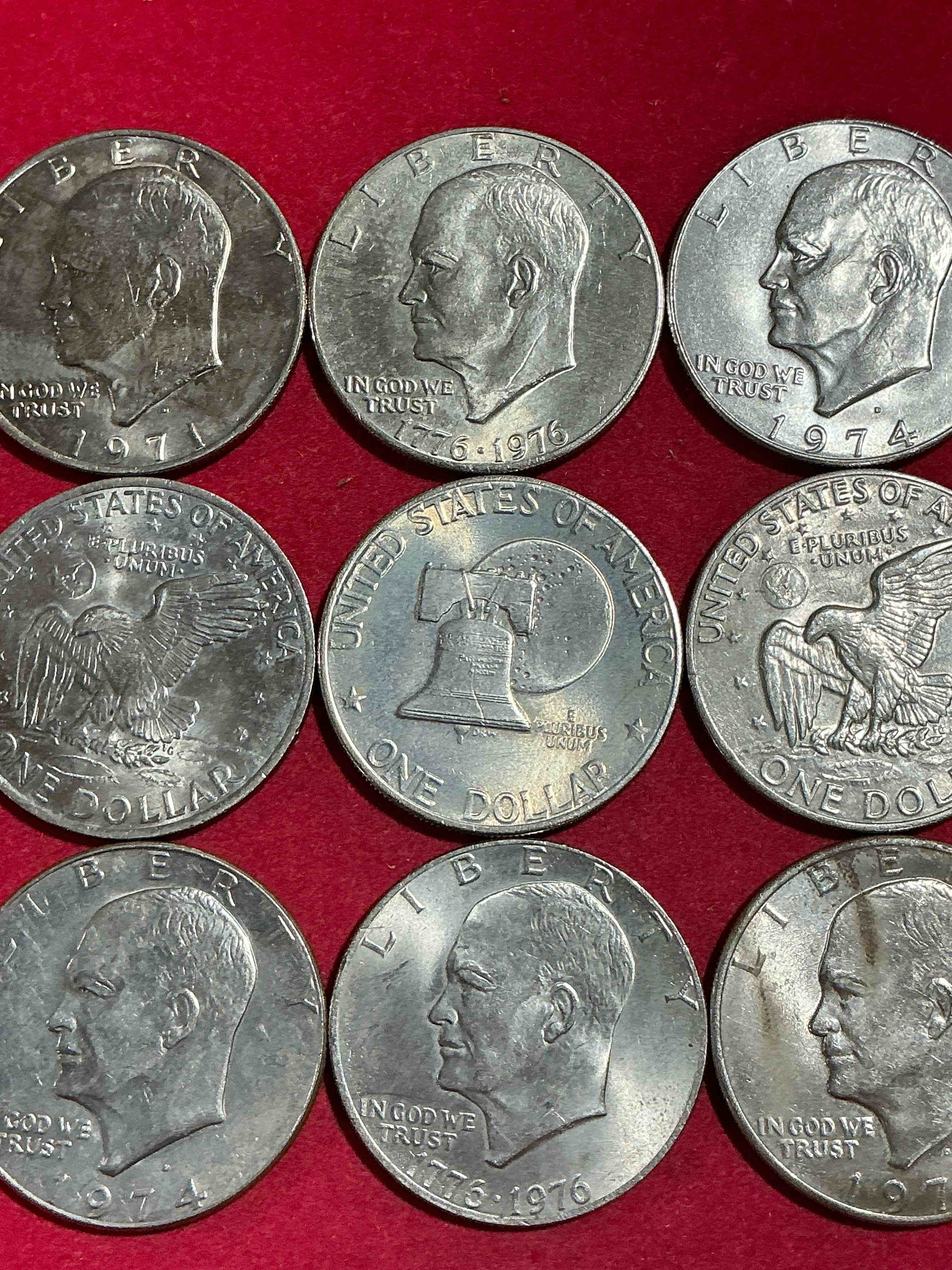 Condition photo showing Good Condition for gorgeous eisenhower dollars! here are circulated “ike” dollars! up for auction are ike one dollar coins from different years! awesome ike dollars! even includes rare bicentennial 1976 edition